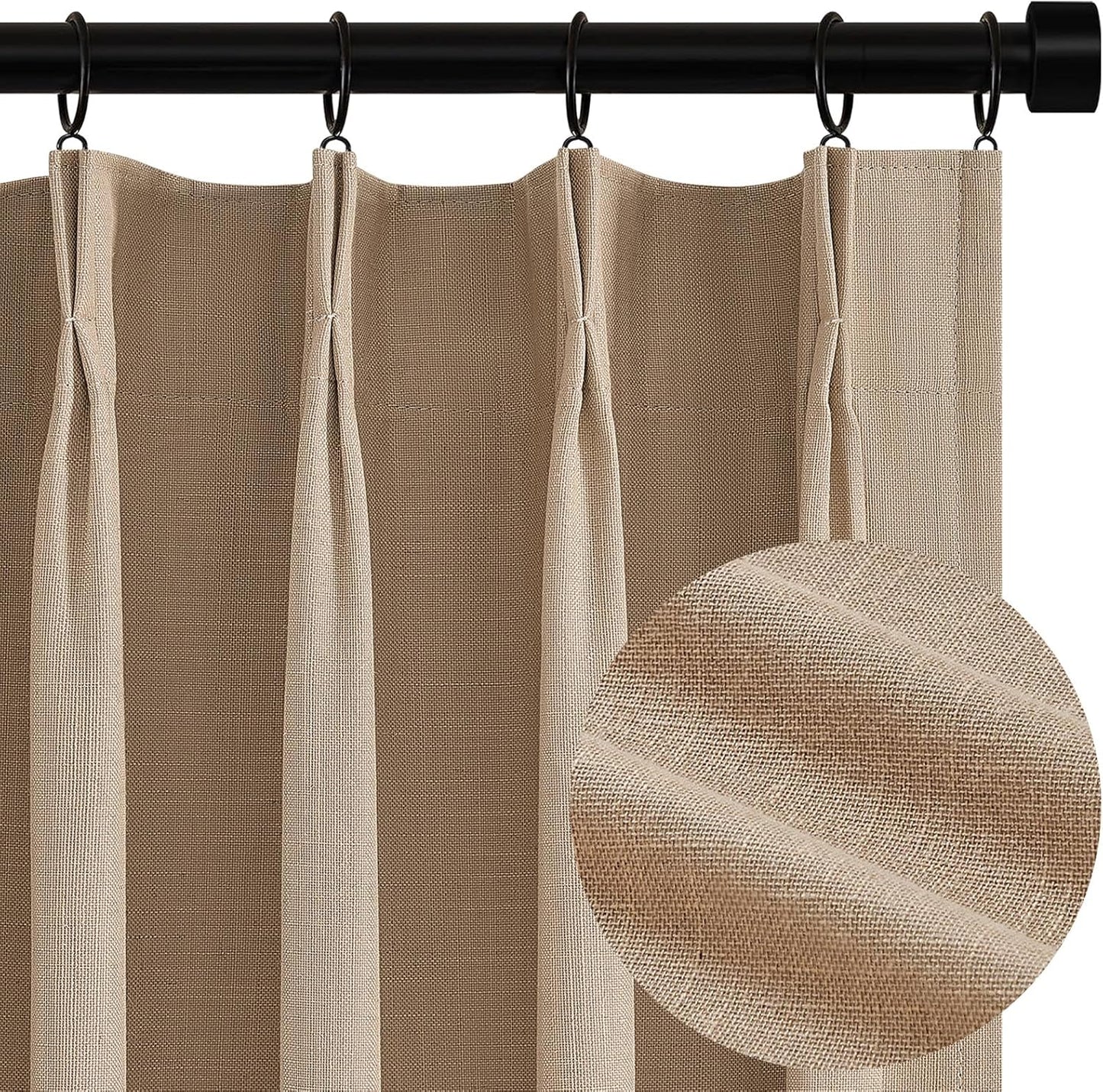 Topfinel Pinch Pleated Curtains 96 Inch Long, 100% Blackout Thermal Insulated Natural Linen Pinch Pleat Viral Drapes with Hooks Rings 2 Panel Sets, Neutral Birch Ivory 8FT Back Tab Window Curtains