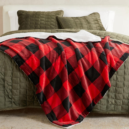 Fleece/Sherpa Throw Blanket - Super Soft Printed Blanket for Couch, Chair, or Bed - Cozy, Luxurious Plush Throw Blanket - Throw 50" x 60", Red/Black Buff Check