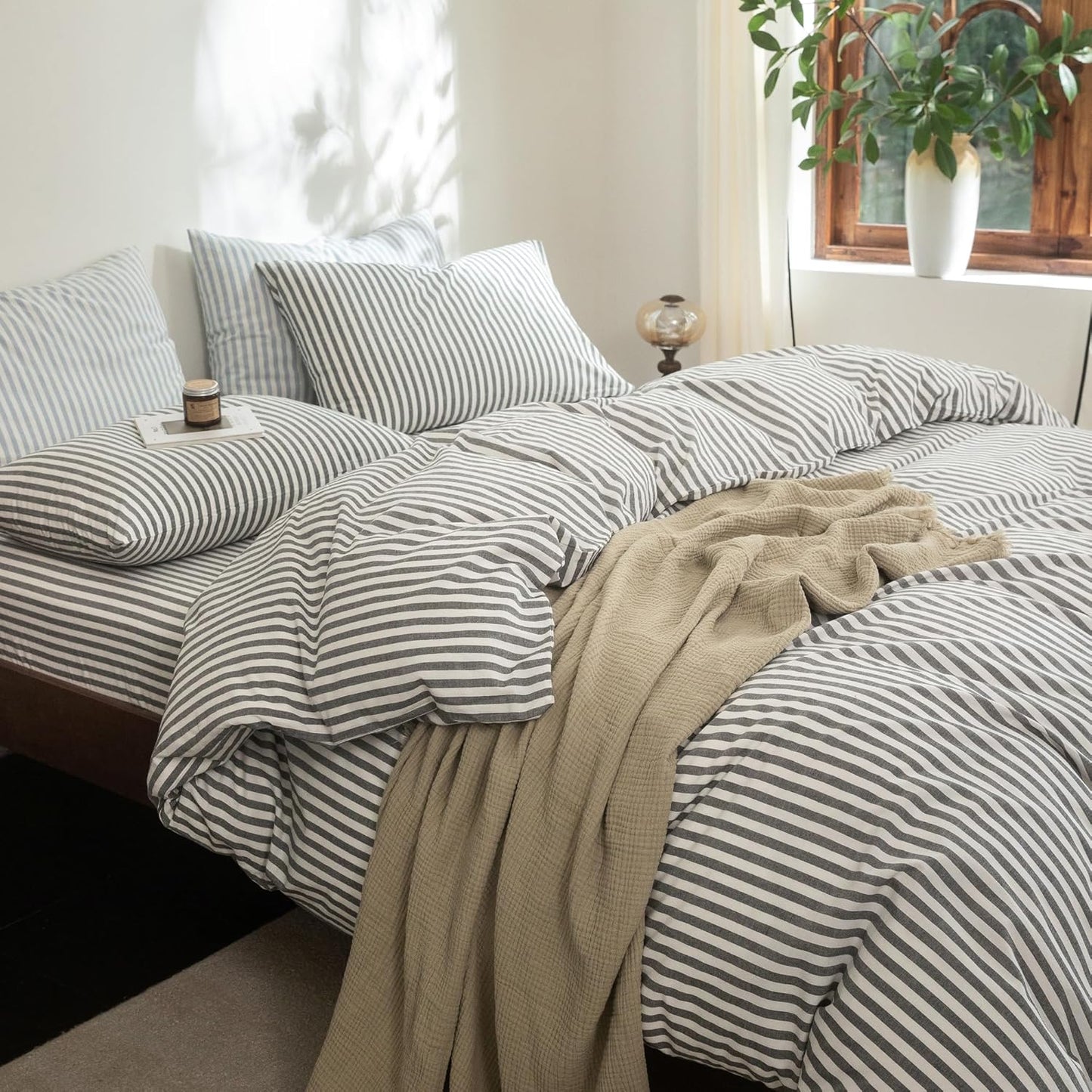 FOSSA Striped Duvet Cover Set 100% Washed Cotton Linen Feel Super Soft Breathable Cozy 3 Pieces Bedding Sets Dark Grey White Classic Stripes King