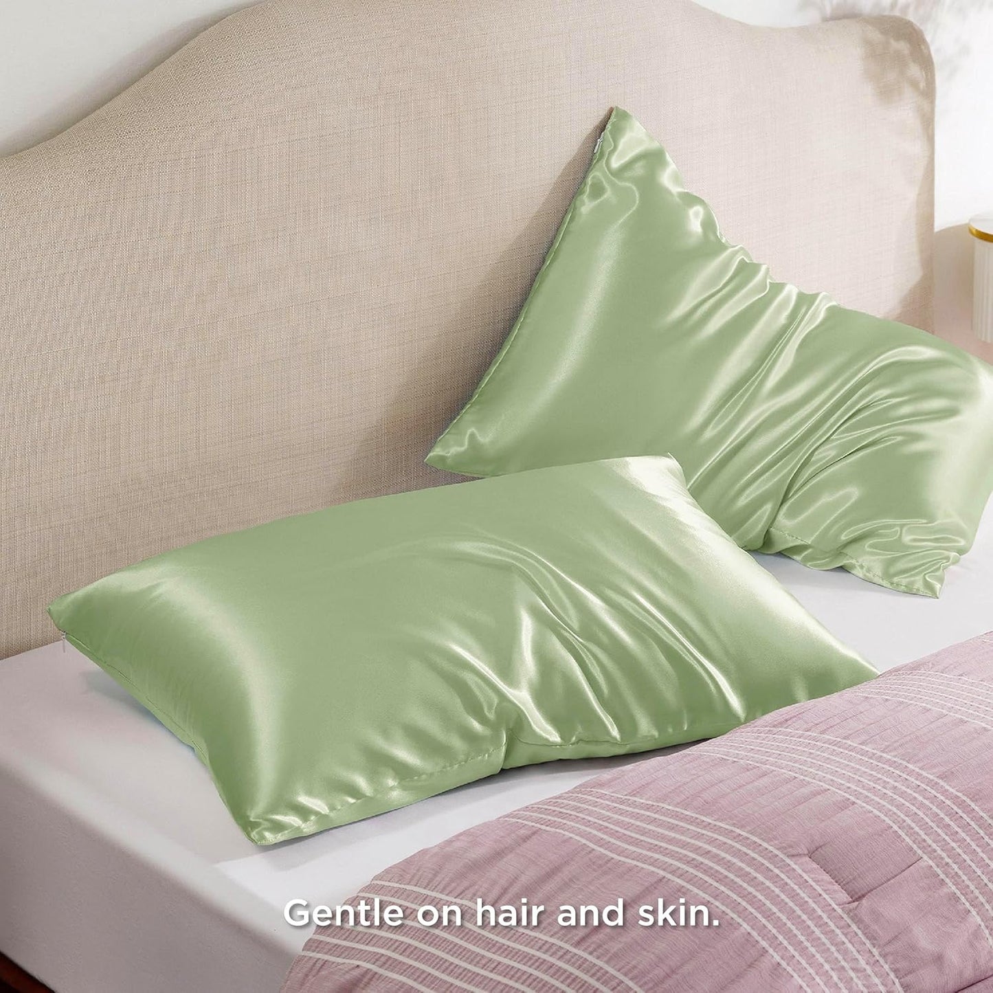 Bedsure Satin Pillowcase with Zipper, Similar to Silk Pillow Cases 2 Pack, Satin Pillow Cases Queen, Silky & Soft Bedding Pillow Covers for Hair & Skin, Gifts for Women Men, Sage Green, 20x30 Inches