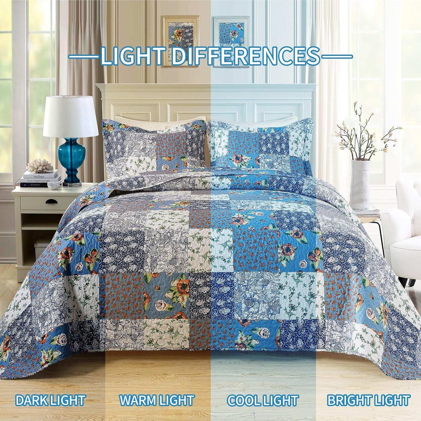 BEDIFANY Quilts Queen Size Bedding Set - Cotton-Filled Lightweight Bedspreads Queen Size (90 x 98 inch) with Garden Pattern - Reversible Farmhouse Queen Quilt Bedding Sets for Decorations, 3 Pieces