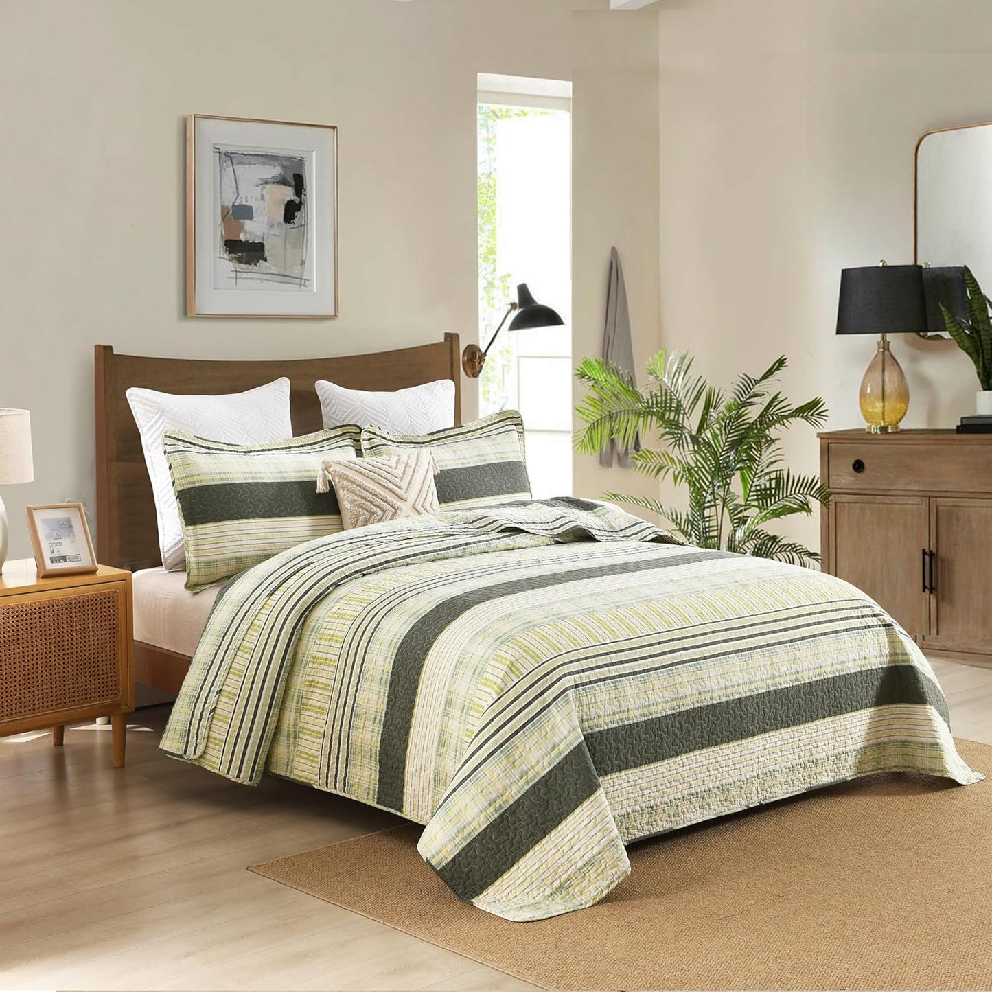 Homzard King Quilt - Cotton Comforter Set King Size, Green Yellow Striped Quilt Set,Olive Green Plaid Bedding Bedspread, Lightweight Farmhouse Comforter 3 Pieces All Season