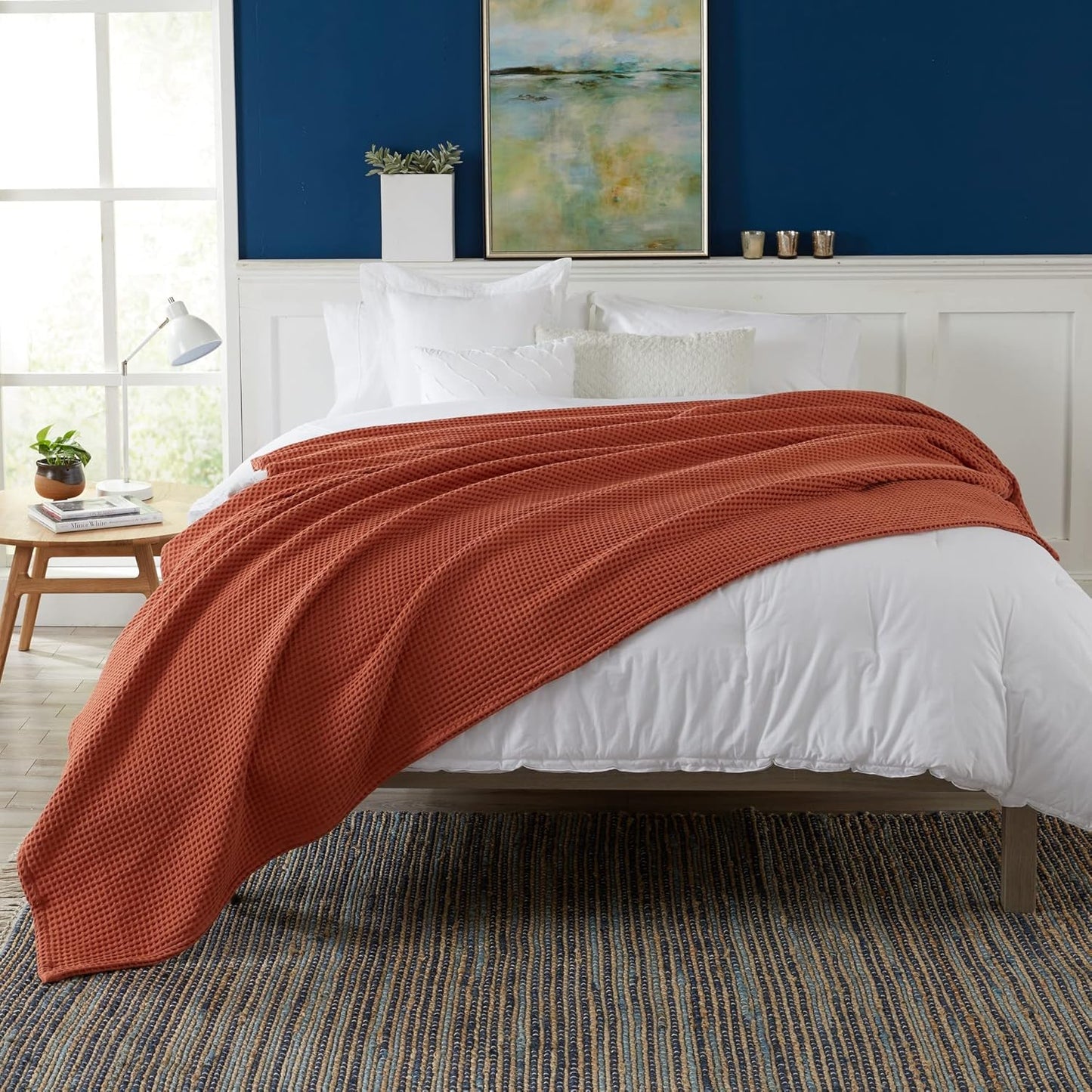 100% Cotton Waffle Weave Bed Blanket | Soft, Breathable, and Lightweight Blanket for All-Season | Perfect for Layering | Brielle Collection (King, Burnt Orange)