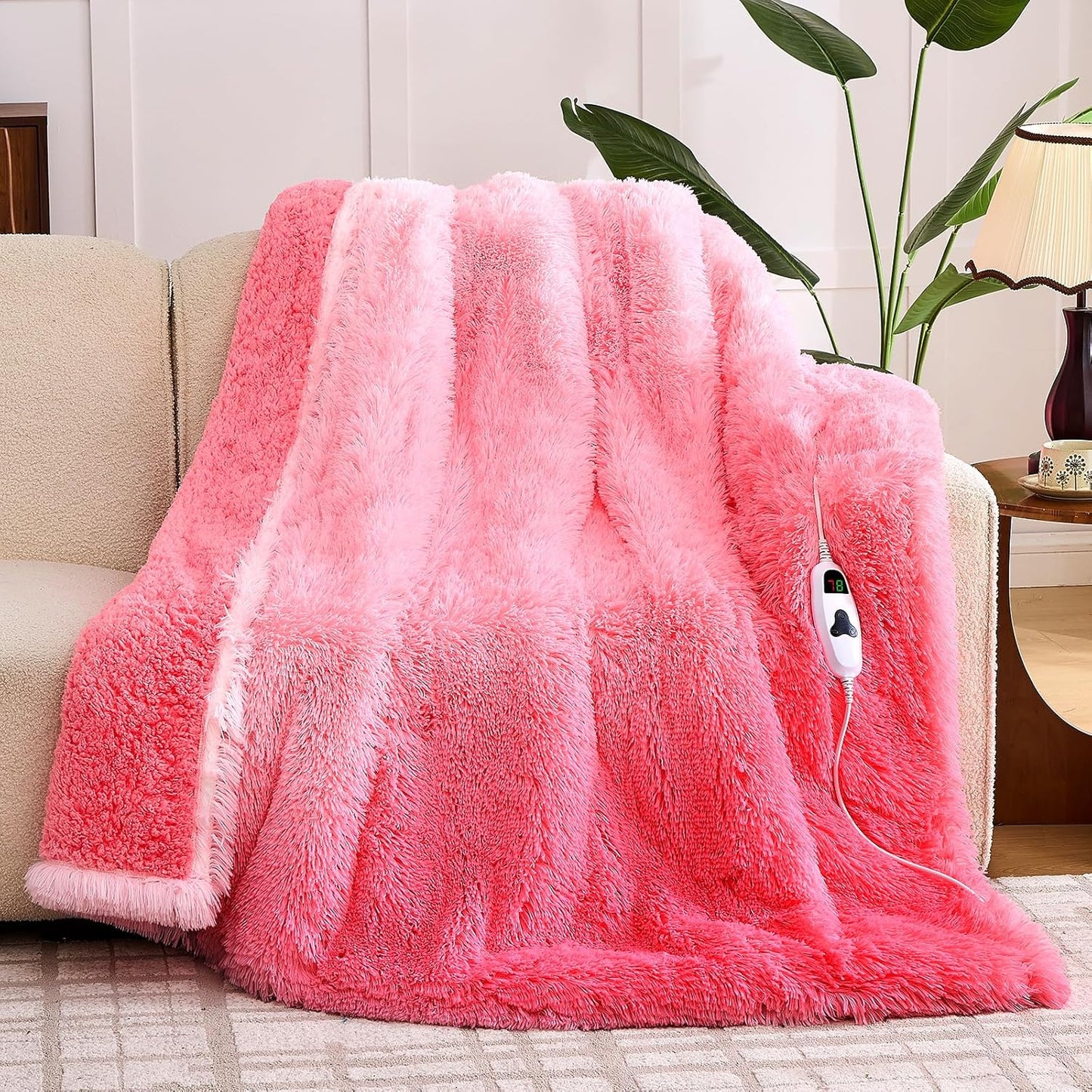 Heated Electric Blanket Heating Throw,Warm Winter Christmas Birthday Gifts for Her Women Grandma Seniors-Faux Fur Blanket with Soft Sherpa,10 Heat Settings,5 Time Settings,50x60, Baby Pink