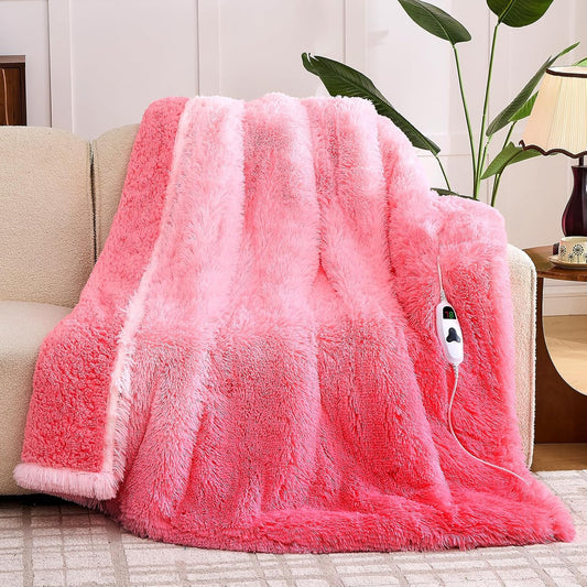 Heated Electric Blanket Heating Throw,Warm Winter Christmas Birthday Gifts for Her Women Grandma Seniors-Faux Fur Blanket with Soft Sherpa,10 Heat Settings,5 Time Settings,50x60, Baby Pink