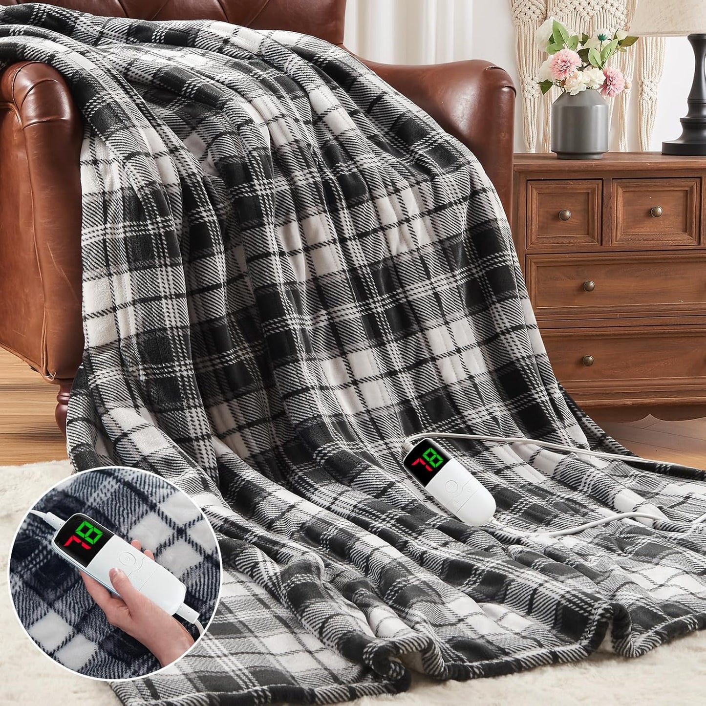 Black Heated Blanket Electric Throw, 50X60 Heating Throw with 10 Heats Levels & 8 Hours Auto Off, Plaid Soft Sherpa Blankets Warmer Gifts for Men Dad Boys Home Decor for Living Room Bedroom Office