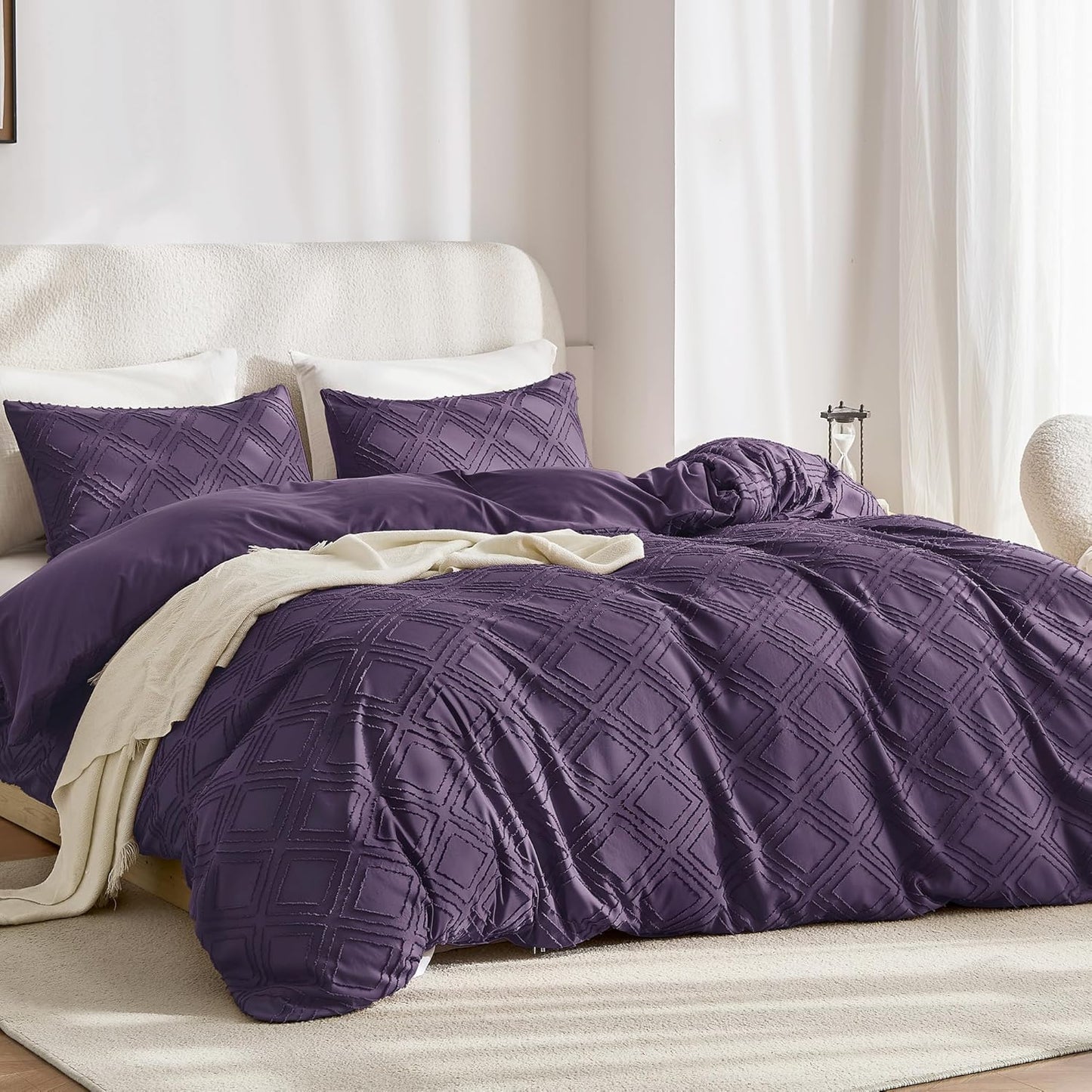 JELLYMONI Duvet Cover Twin Size Purple - 3PCS Boho Duvet Cover Set Plaid Polyester Tufted Bohemian Jacquard Knit Textured Comforter Cover 68×90in Rhombic Geometric Pattern Corner Ties & Zipper