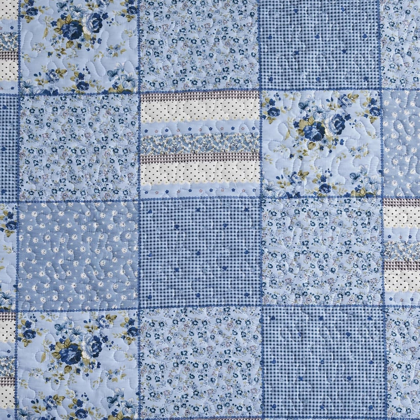 ENJOHOS Extra Wide Alaska King Quilts 132x120, 3 Pcs Blue Plaid Floral Oversized King Quilt, Extra Wide Bedspread Coverlet Set for All Seasons, Patchwork Reversible Bedding Set