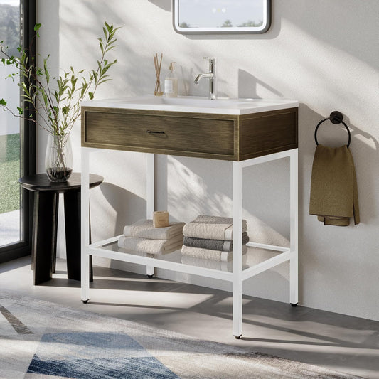 30 Inches Bathroom Vanity with Resin Sink, Single Sink Modern Cabinet Set, Stainless Steel Frame with Tempered Glass Open Shelf, Freestanding Bathroom Storage Cabinet Combo, White