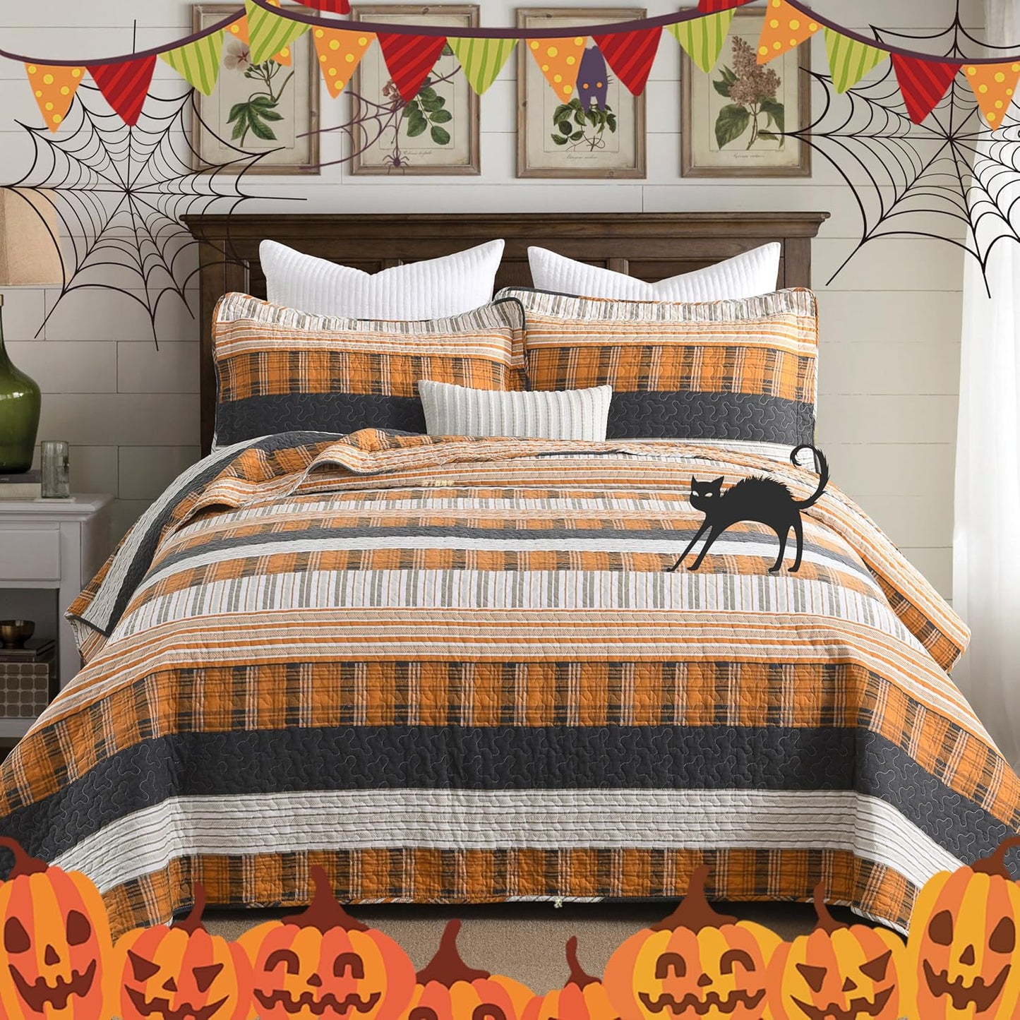 Homzard Queen Comforter Set，Cotton Quilts Queen Size，Caramel Orange Black Bedding，Plaid Striped Bedspread，Lightweight Reversible Bed Set 3 Pieces