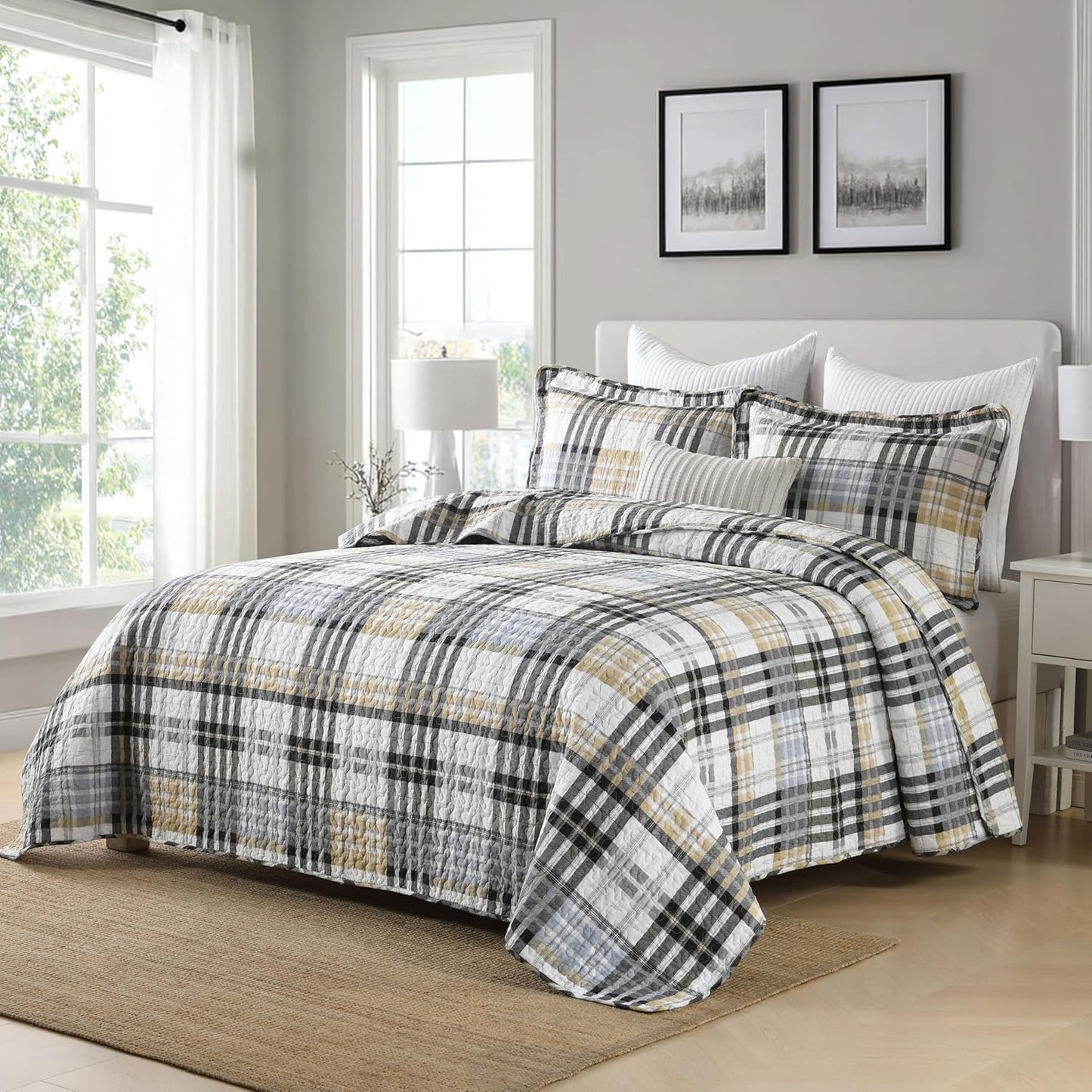 Quilt King Size, Cotton King Size Comforter Set,Grey Brown Black White Bedding Sets, Striped Plaid Bedspread Set, Farmhouse King Size Bed Set Lightweight All Season