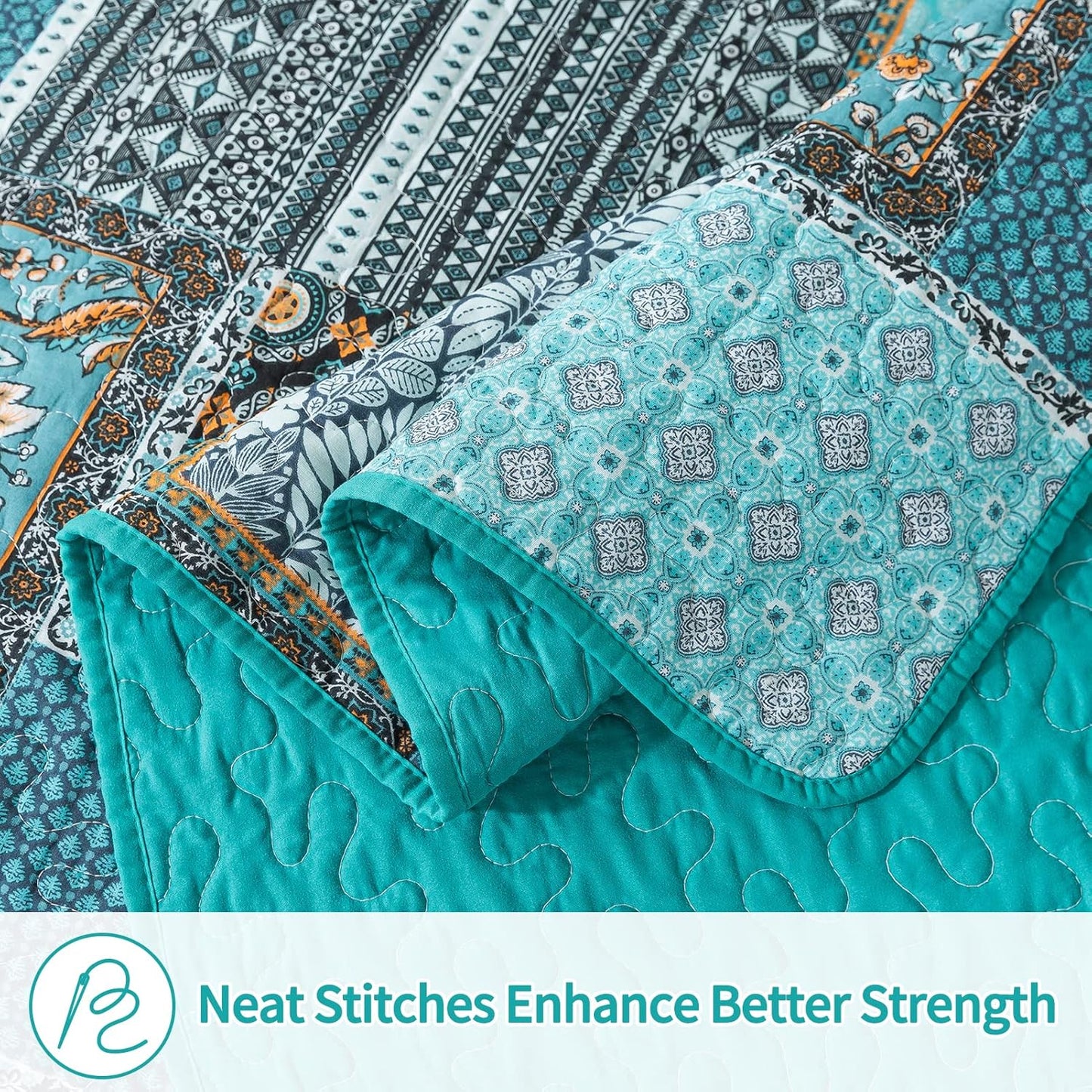 BEDIFANY Cotton Queen Size Quilt, Lightweight Bedspread Queen Size, Teal, Quilted Coverlets Queen Quilt Bedding Sets for Bed Decorations for All Seasons. 3 Pieces