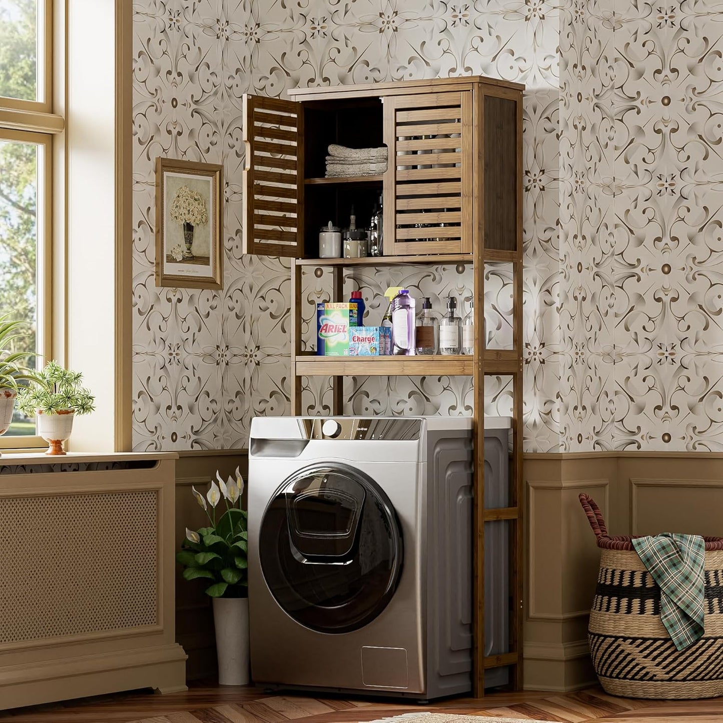 SMIBUY Bathroom Storage Shelf with Cabinet, Bamboo Over-The-Toilet Organizer Rack, Freestanding Toilet Space Saver with 3-Tier Adjustable Shelves (Walnut)