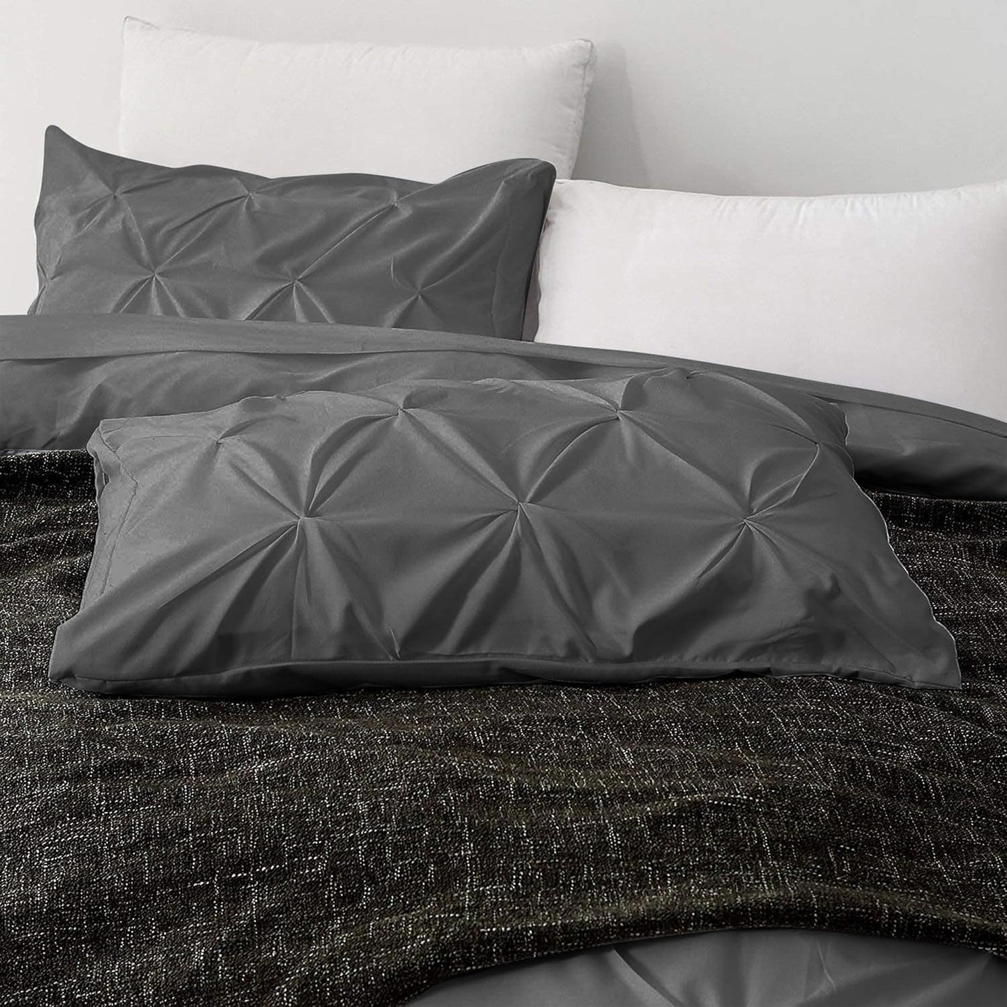 Pinch Pleated Duvet Cover Set 100% Brushed Microfiber 3PC Alaska King Size 120x132 Duvet Cover Set, Decorative Pinch Design Dark Grey Duvet Cover with Matching Pillow Case