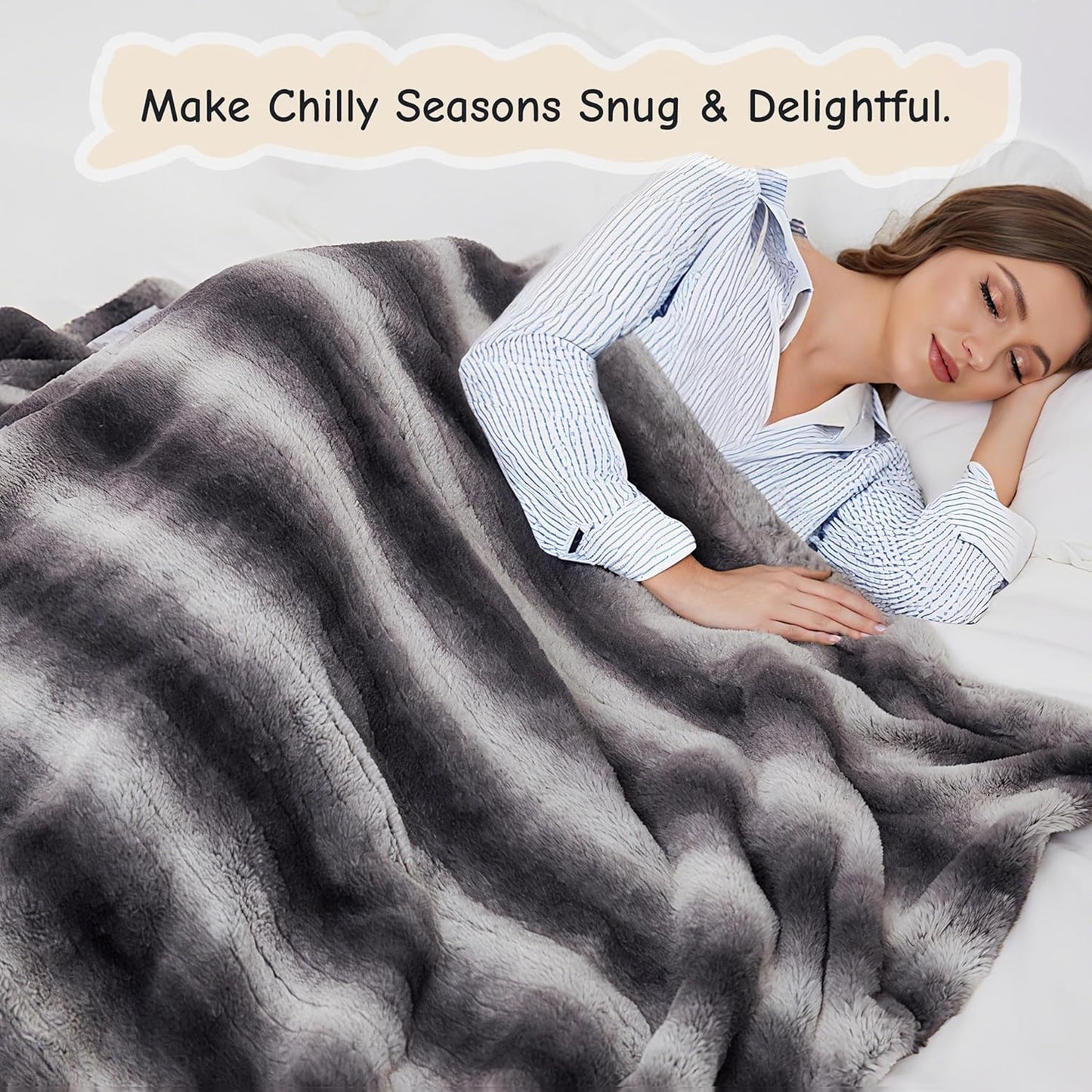 Soypipo Electric Heated Throw Blanket 50"x60", Grey White Striped Faux Fur Plush with 4 Heat Settings & 2/4/8/10H Auto Shut-Off, Overheat Protection, Machine Washable