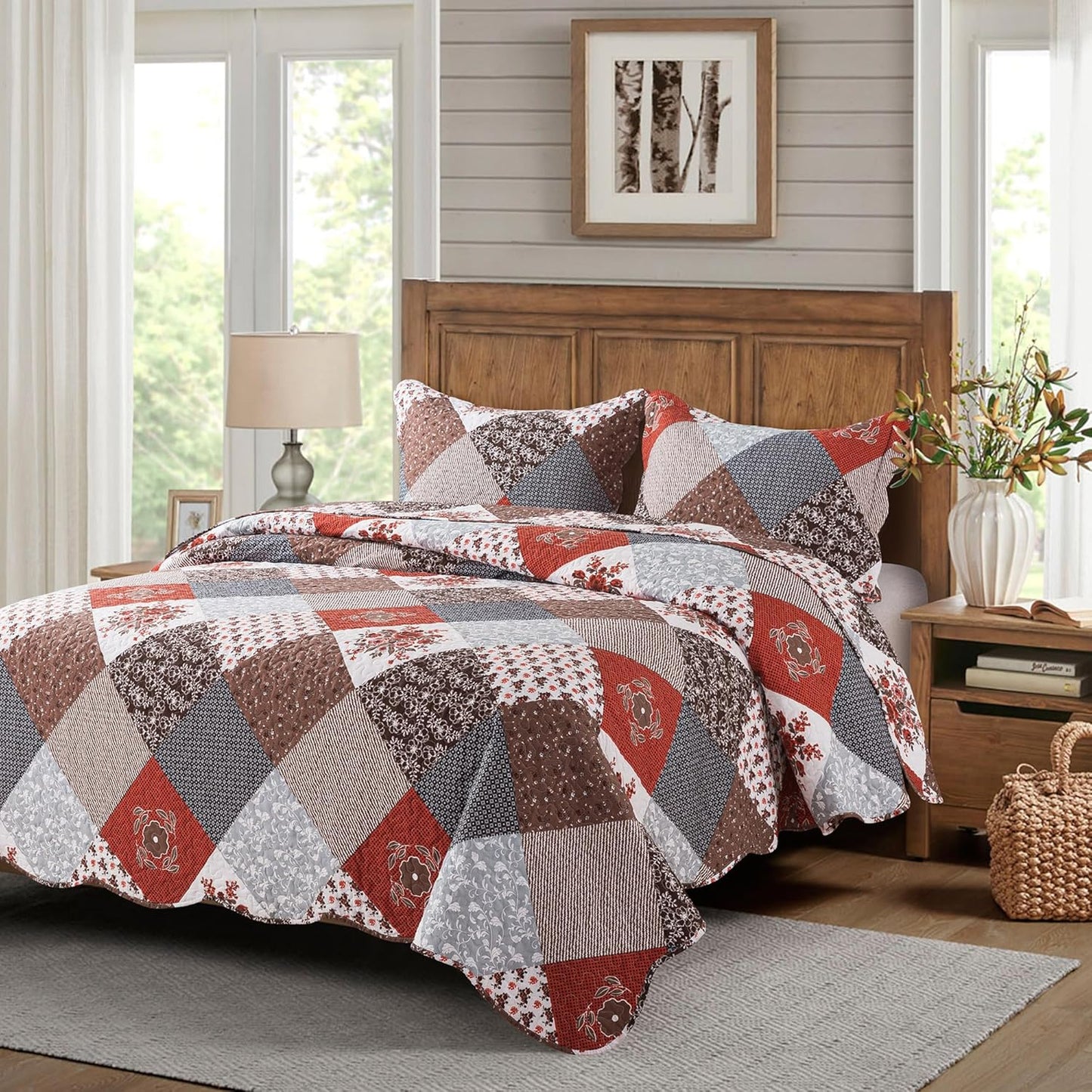HoneiLife Quilt Set Queen Size - 3 Piece Microfiber Bedspread Reversible Coverlet Patchwork Bedding Set Lightweight Bedcover Floral Bedspreads All Season Quilts-Amaranth Red