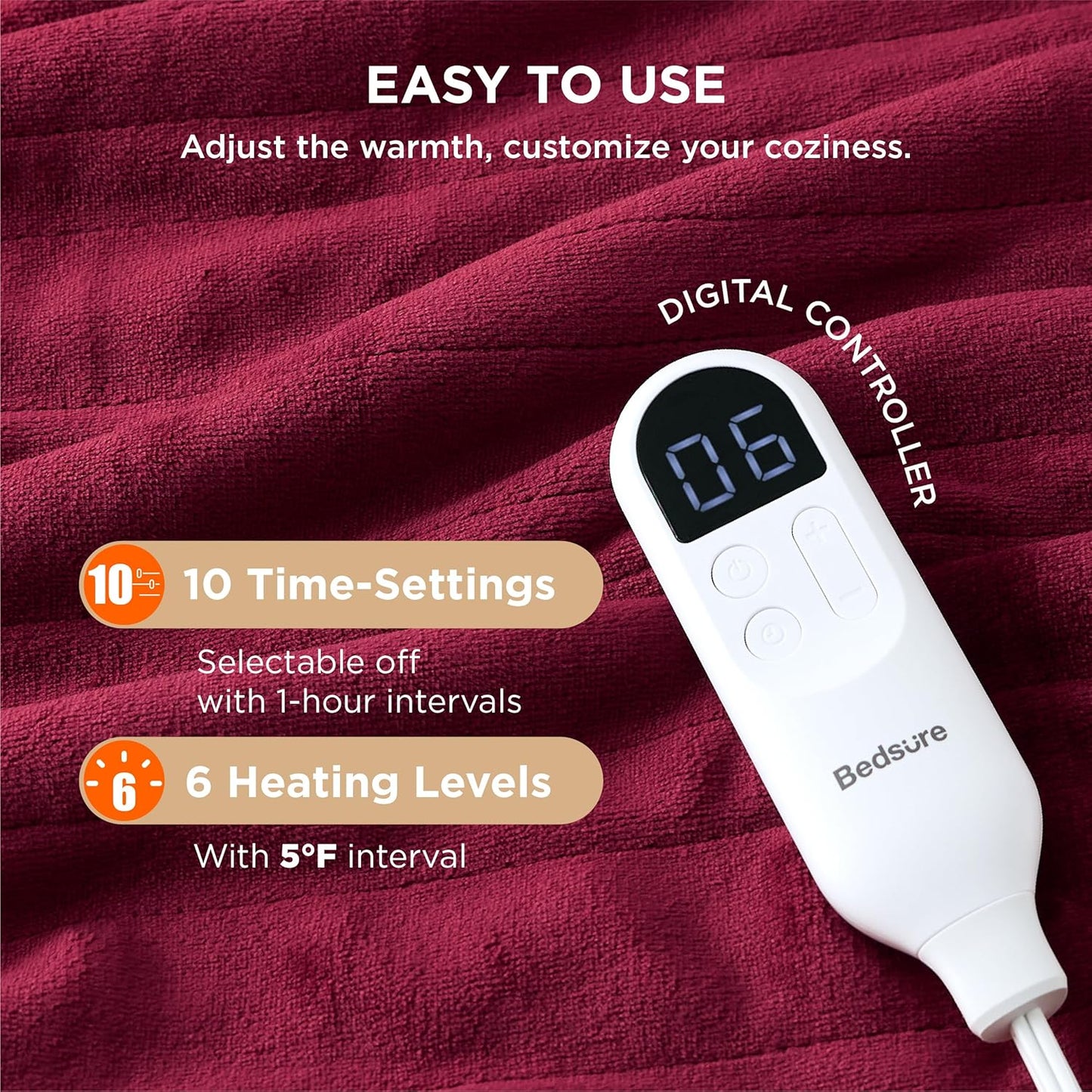 Bedsure Electric Blanket Twin - Soft Flannel Heated Blanket, Fast Heating with 10 Time Settings & 6 Heat Settings, Warm Gift for Grandma (62x84 inches, Burgundy)