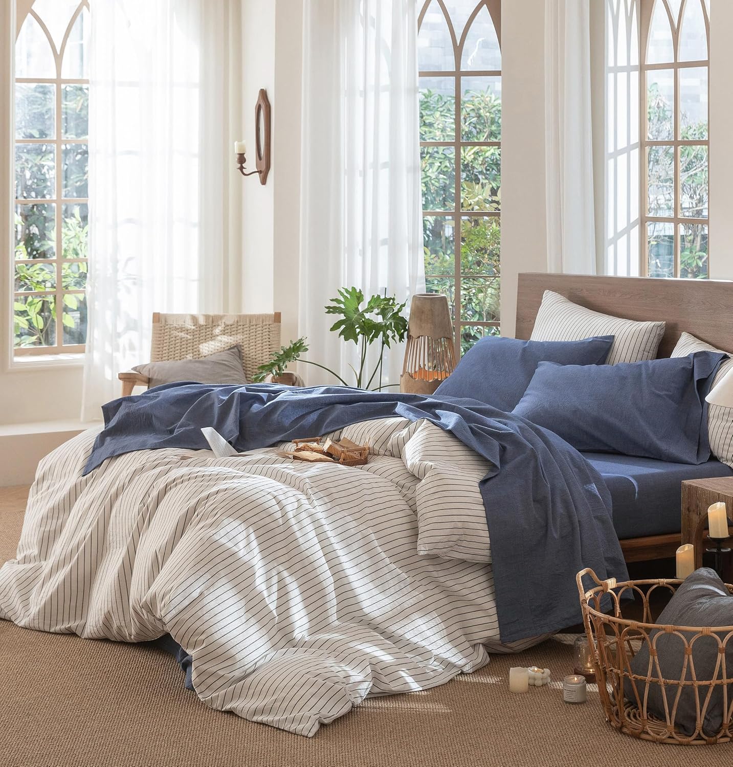MooMee Bedding Sheet Set 100% Washed Cotton Linen Like Textured Breathable Durable Soft Comfy (Heathered Blue, Queen)