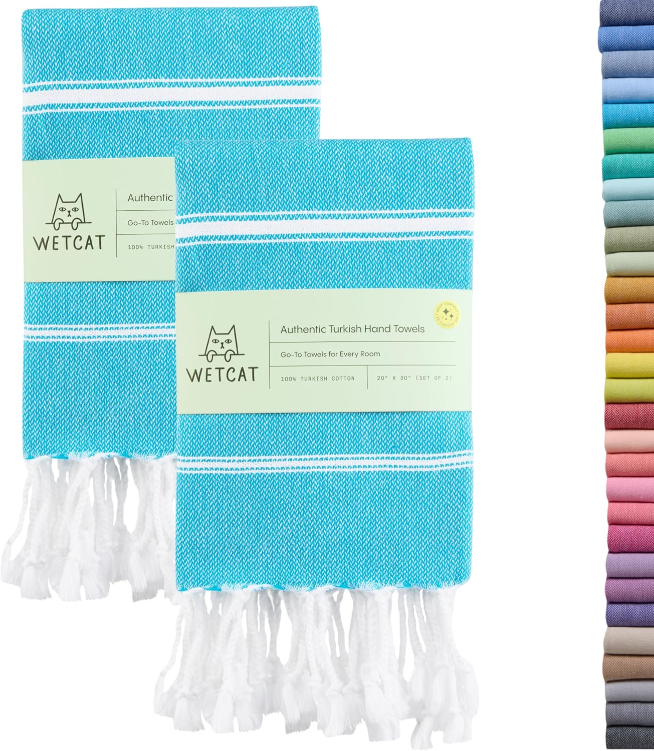 WETCAT Turkish Hand Towels with Hanging Loop, Set of 2 (20" x 30") 100% Turkish Cotton, Pre-Washed, Quick Drying, for Kitchen or Bathroom - Turquoise