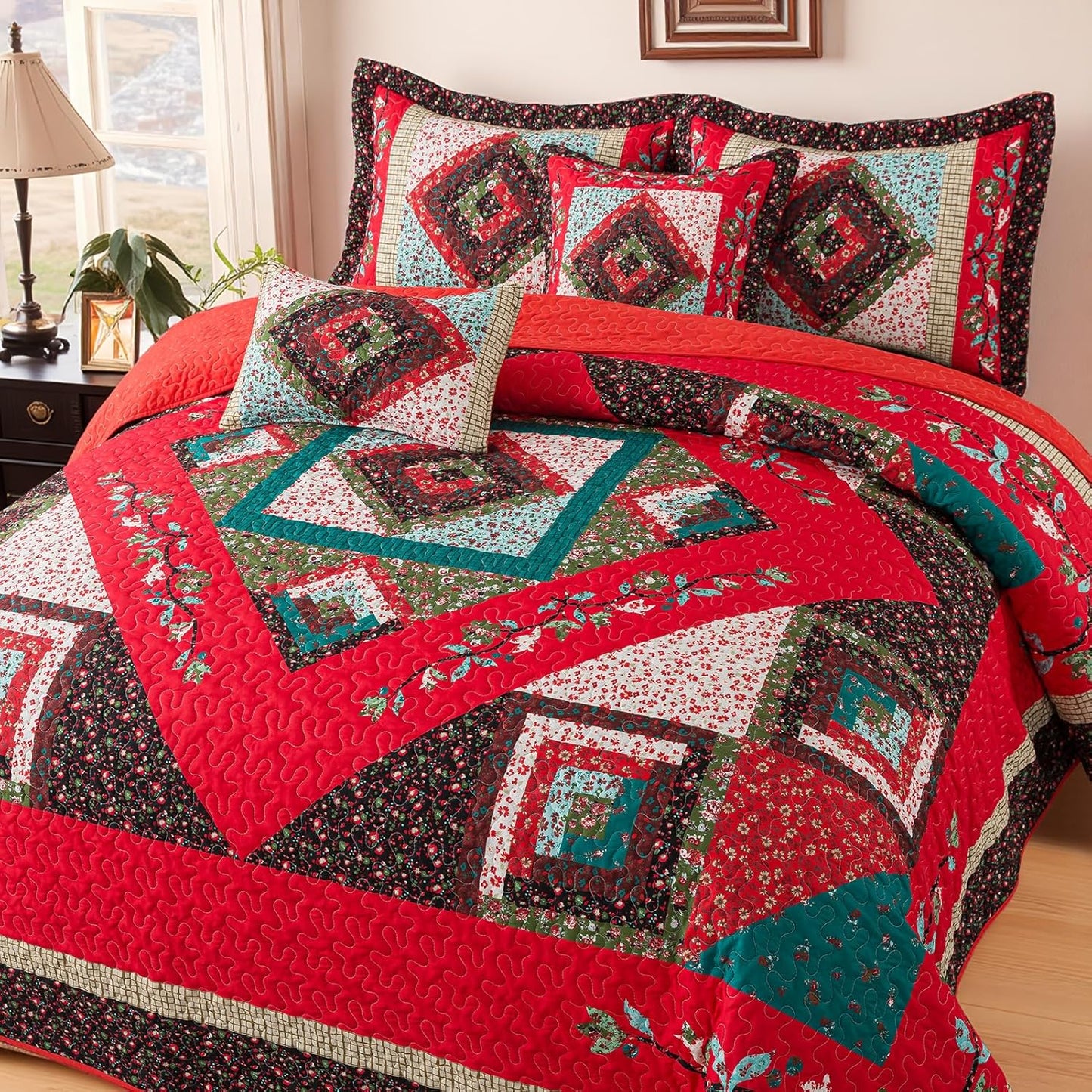 BEDIFANY Christmas Queen Size Quilt Set - Cotton Bedspreads Queen for Bed - Lightweight Farmhouse Queen Quilt Bedding Sets for All Seasons, 3 Pieces