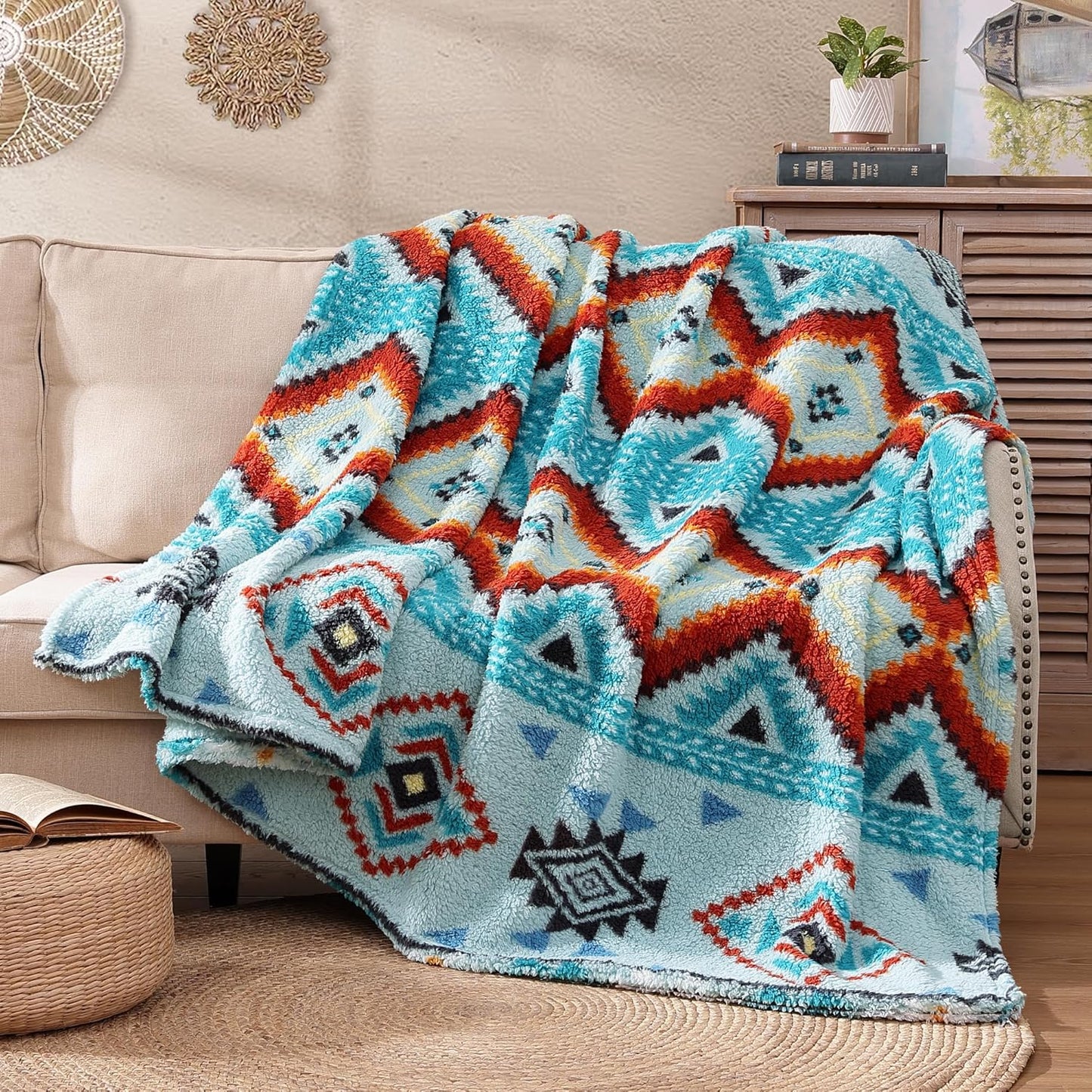 CASAAGUSTO Boho Sherpa Throw Blanket, Aztec King Size Blanket, Ultra Soft, Warm, Cozy, Plush, Thick Fleece Bohemian Throw Blanket for Couch, Bed, Sofa (Aqua 108 * 90 Inch)