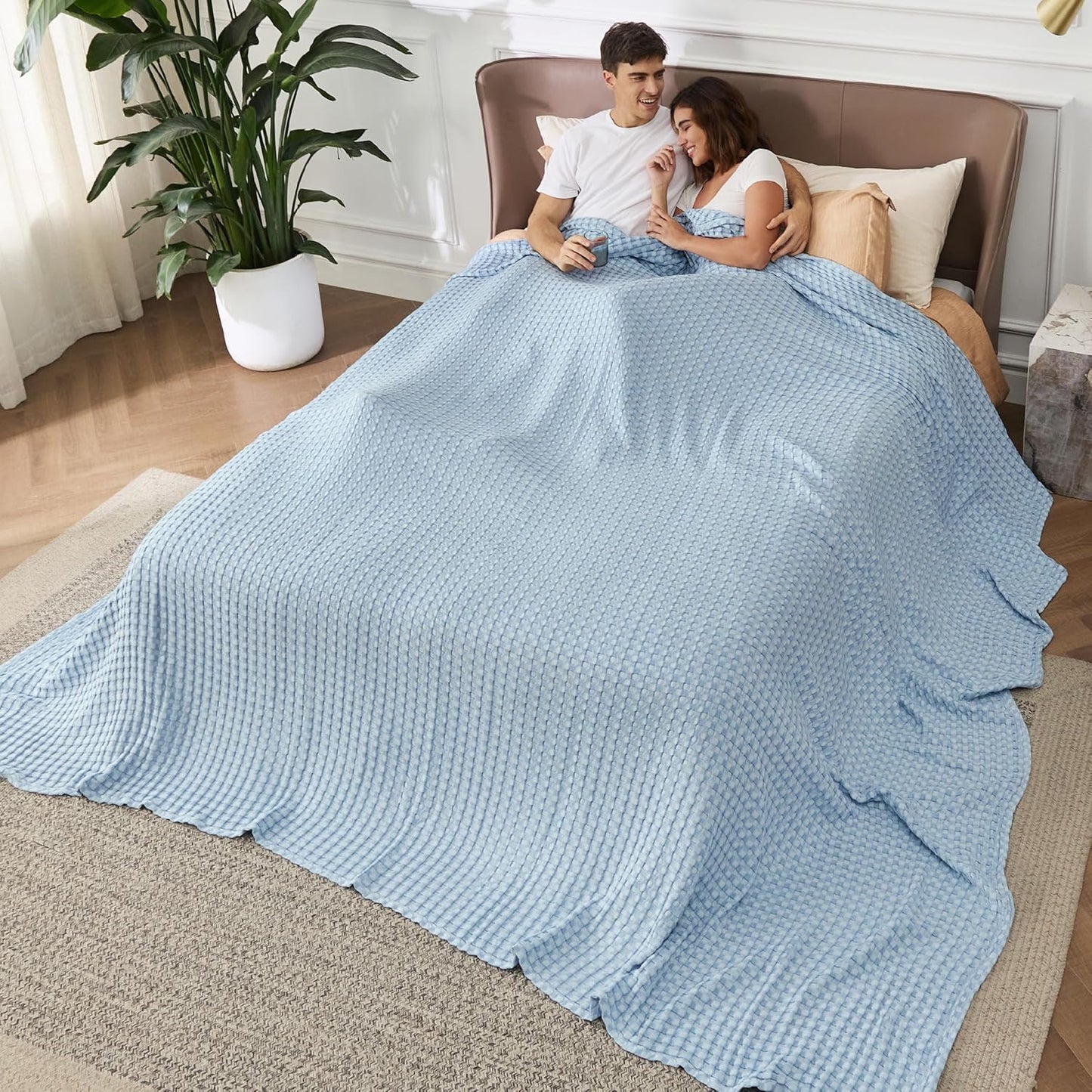 Bedsure Cooling Cotton Waffle Oversized King Blanket - Lightweight Breathable Rayon Derived from Bamboo for Hot Sleepers, Luxury Throws for Bed and Sofa, Blue, 120x96 Inches