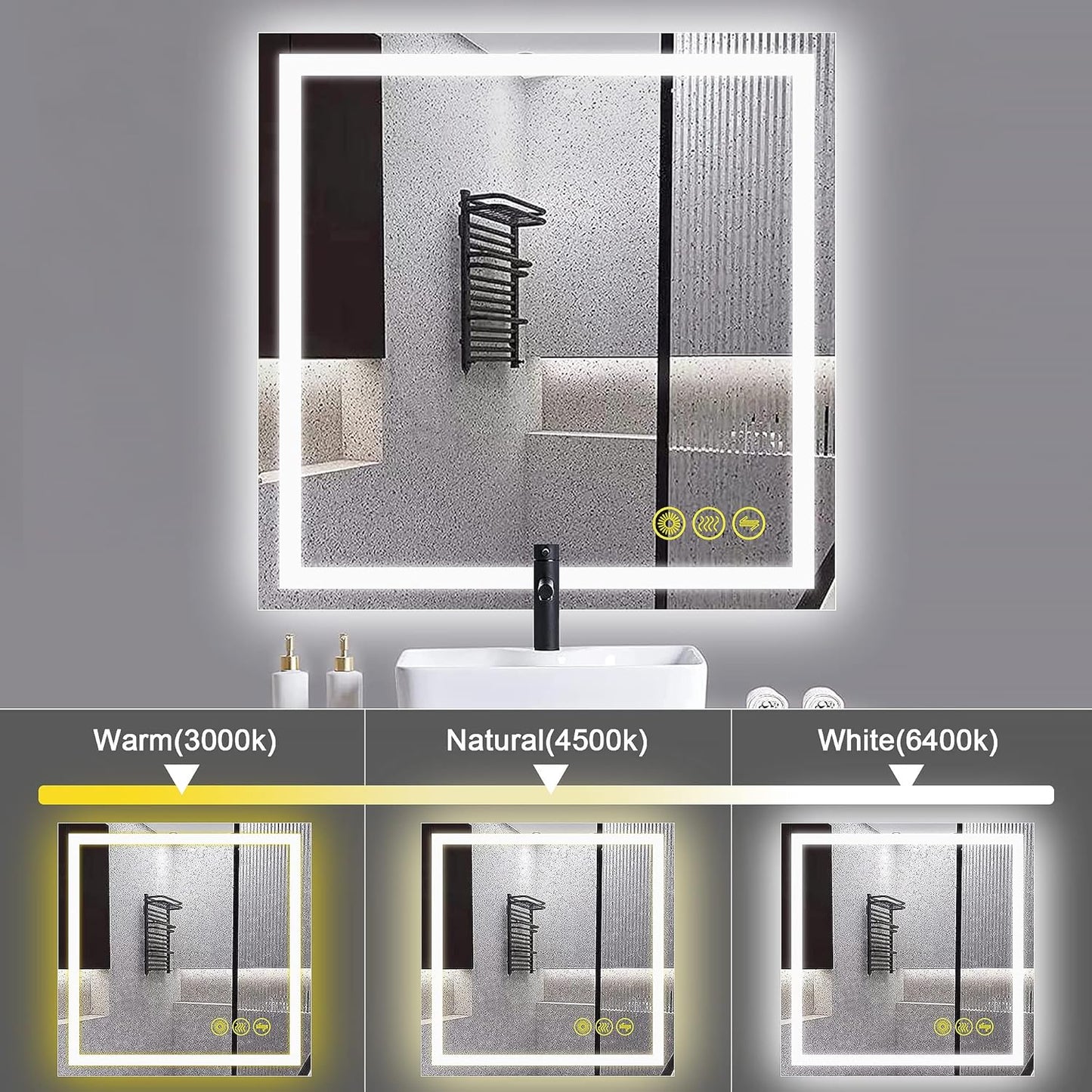 Wall-Mounted LED Square Bathroom Mirror, Makeup Mirror (36 inches x 36 inches,) 3 Color Stepless Dimmable Memory Bathroom Vanity Mirror with Lights CRI90 Smart Mirror with Touch