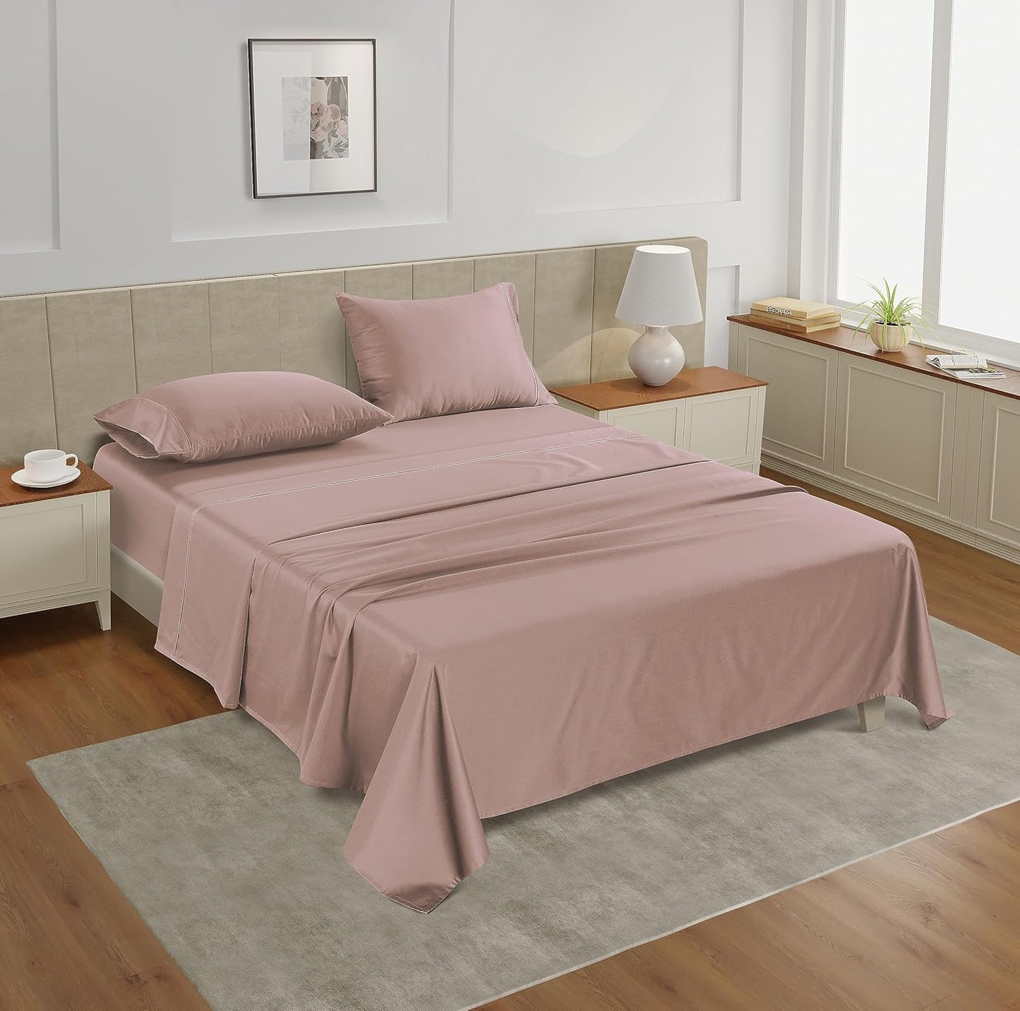 LANE LINEN Full Bed Sheets Set – 450 Thread Count 100% Cotton Cooling Sheets, Soft Sateen Weave, 15” Deep Pocket Fully Elasticized Fitted Sheet, Luxury Hotel Bedding, Sepia Rose