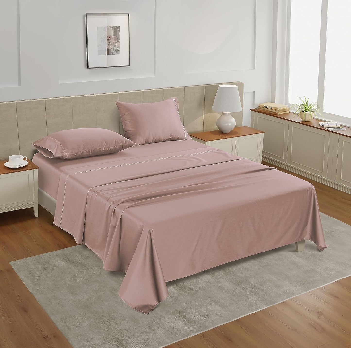 LANE LINEN California King Bed Sheets – 450 Thread Count Soft Sateen Sheets, Naturally Cooling & Breathable, 15” Deep Pocket Fully Elasticized Fitted Sheet, Hotel Bedding & Pillowcases, Sepia Rose