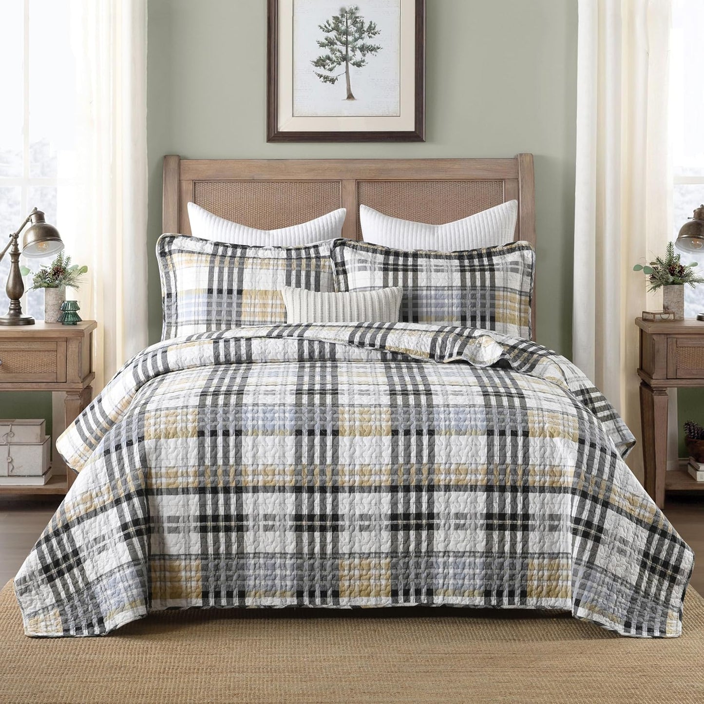 Quilt King Size, Cotton King Size Comforter Set,Grey Brown Black White Bedding Sets, Striped Plaid Bedspread Set, Farmhouse King Size Bed Set Lightweight All Season