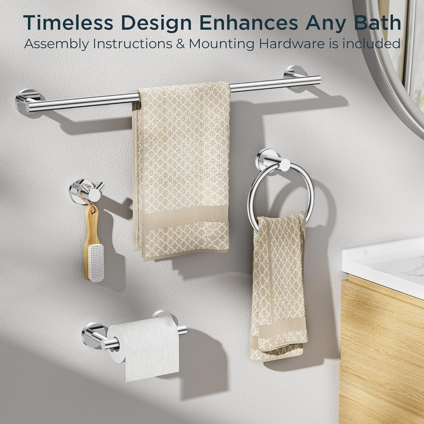 FORIOUS Bathroom Hardware Accessories Set, SUS304 Stainless Steel 24 Inch Towel Bar Set, Modern Towel Racks Holder for Bathroom Wall Mounted, 4 Pieces, Chrome