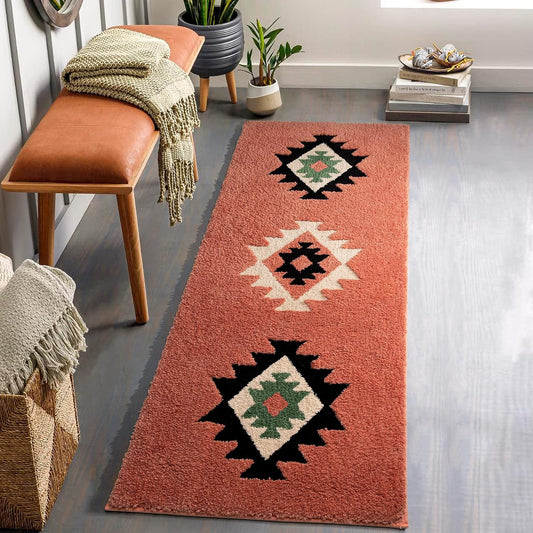DEXDE Bathroom Rugs Runner 20x72, Boho Long Bath Mat Runner for Bathroom Bedroom Hallway Kitchen Shower Luxury Soft Absorbent Large Bohemian Carpet Runner Farmhouse Western Decor, Coral Red