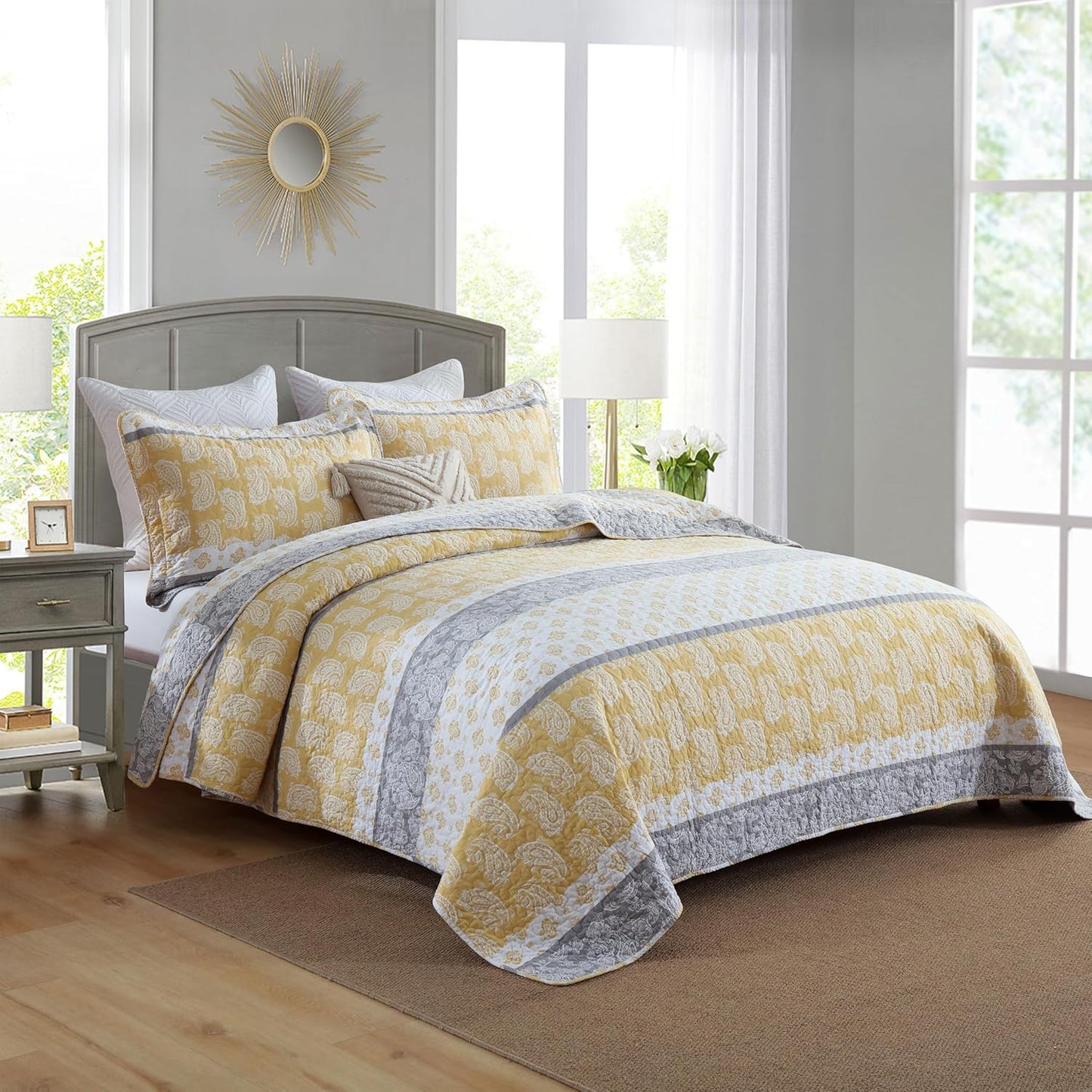 Quilt King Size, Cotton King Size Comforter Set, Yellow Grey White Bedding, Farmhouse Striped Bed Set, Lightweight Bedspread All Seasons 3 Piece