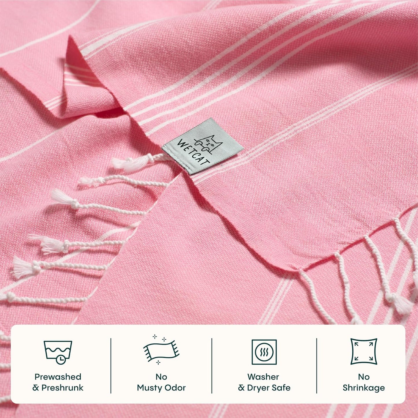WETCAT Turkish Beach Towel Oversized (38"x71") 100% Turkish Cotton, Made in Turkey - Sand Free, Extra Large, Ultra Soft, Quick Drying, Compact & Lightweight for Travel - Light Pink