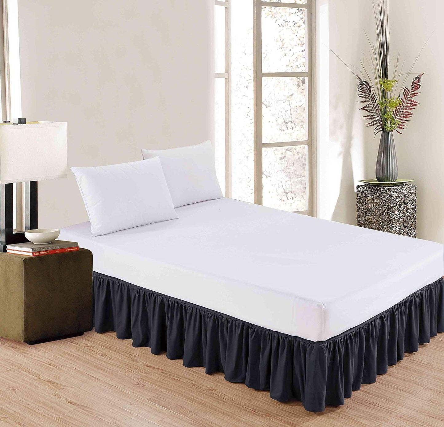 Sheets & Beyond Wrap Around Solid Microfiber Luxury Hotel Quality Fabric Bedroom Gathered Ruffled Bedding Bed Skirt 14 Inch Drop (Queen, Black)