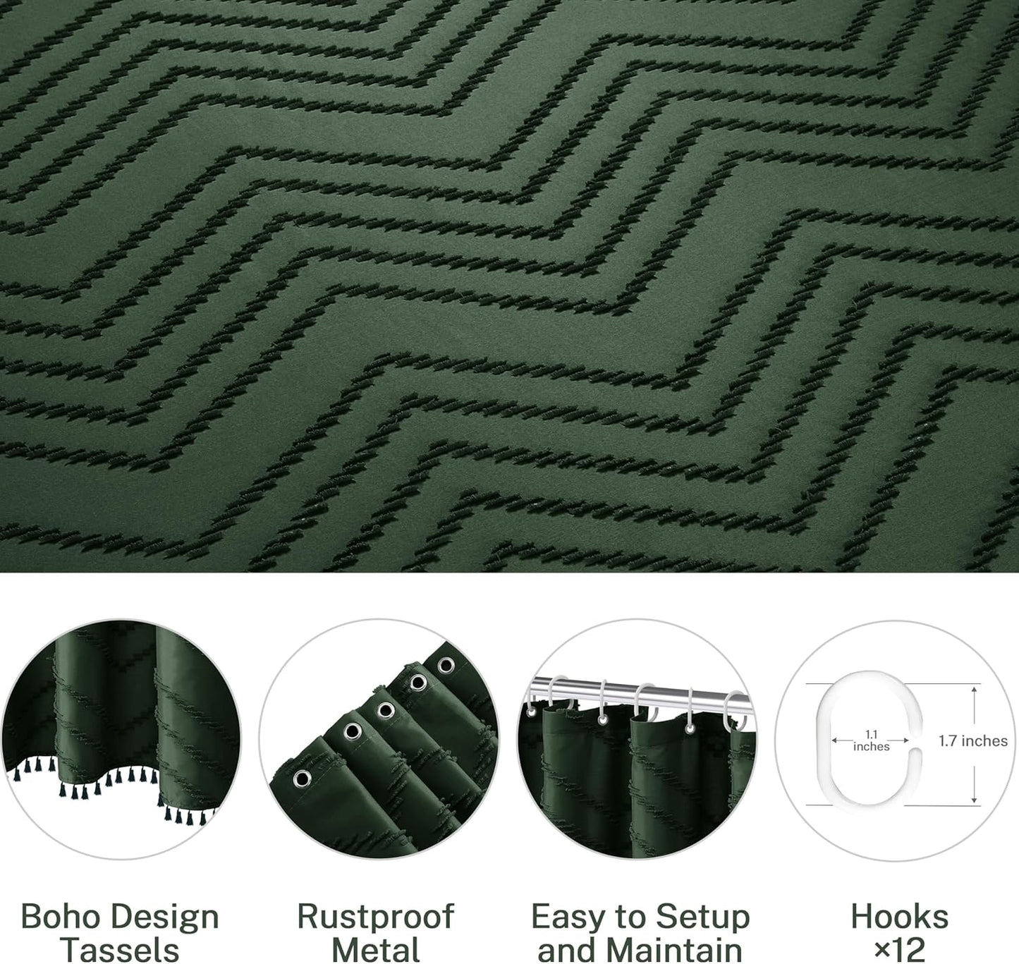 Extra Long Dark Green Boho Shower Curtain with Tassel, Woven Fabric 84 in Shower Curtain, Tufted Chevron Striped, 72 x 84, Modern Chic Textured Minimalist Bathroom Shower