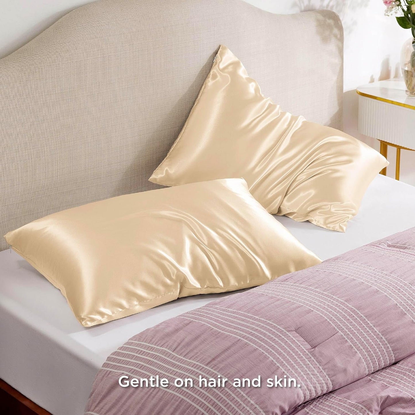 Bedsure Satin Pillowcase with Zipper, Similar to Silk Pillow Cases 2 Pack, Satin Pillow Cases King, Silky & Soft Bedding Pillow Covers for Hair and Skin, Gifts for Women Men, Champagne, 20x36 Inches