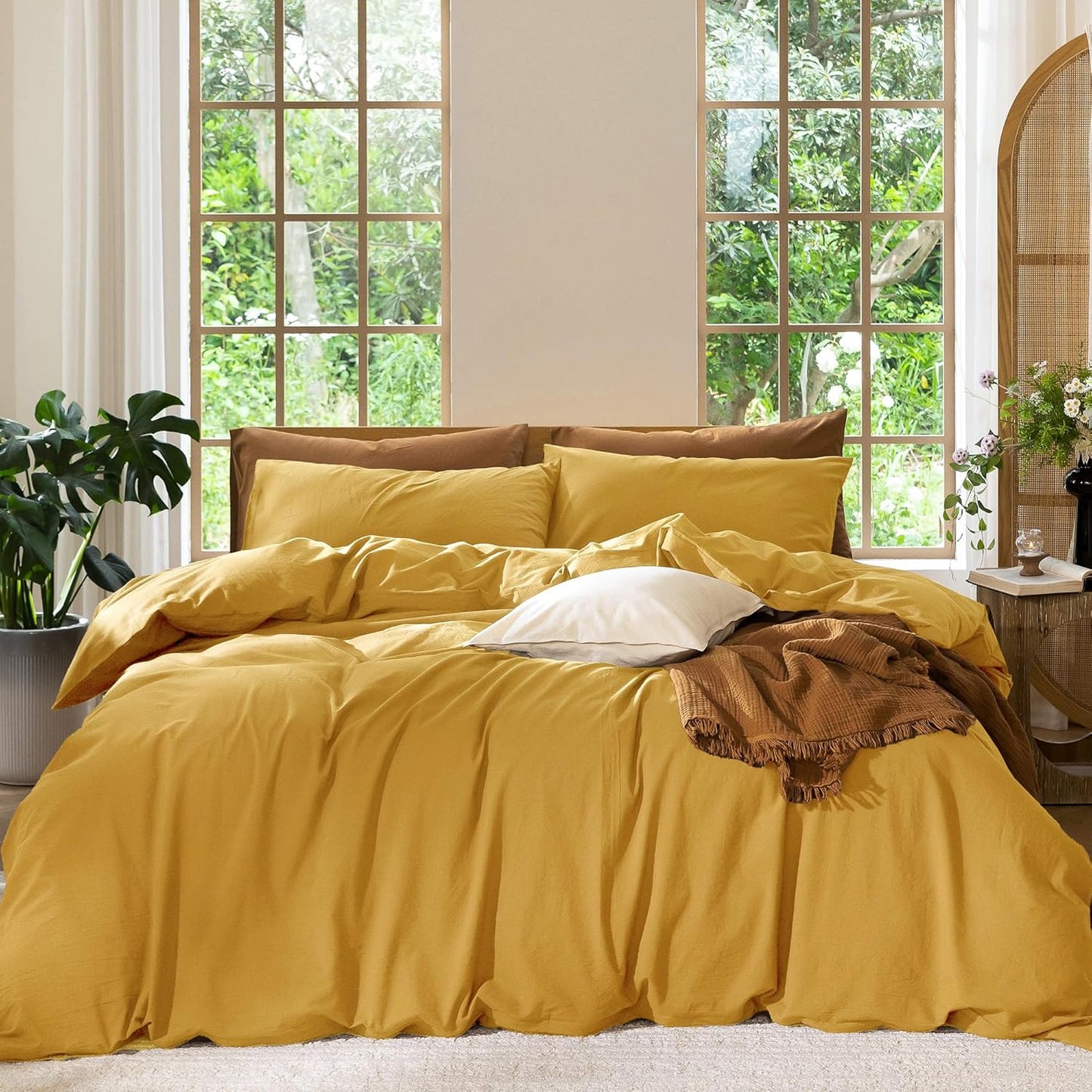 MooMee Bedding Duvet Cover Set 100% Washed Cotton Linen Like Textured Breathable Durable Soft Comfy (Solid Yellow, Twin 68"x90")