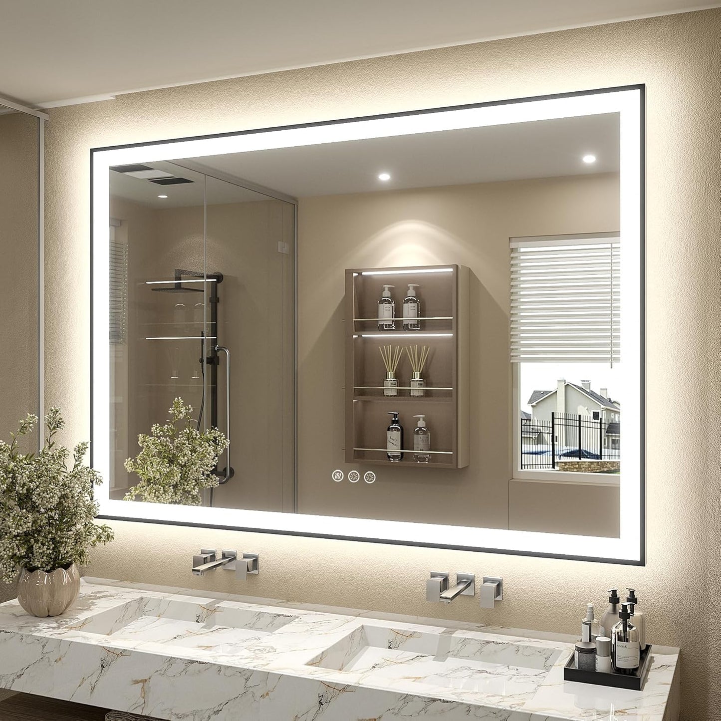 SMIROR Black LED Bathroom Mirror 50x36, Lighted Vanity Mirrors with Lights, Dimmable, Anti-Fog, Memory, Shatterproof (Real Front Lights + Backlit)