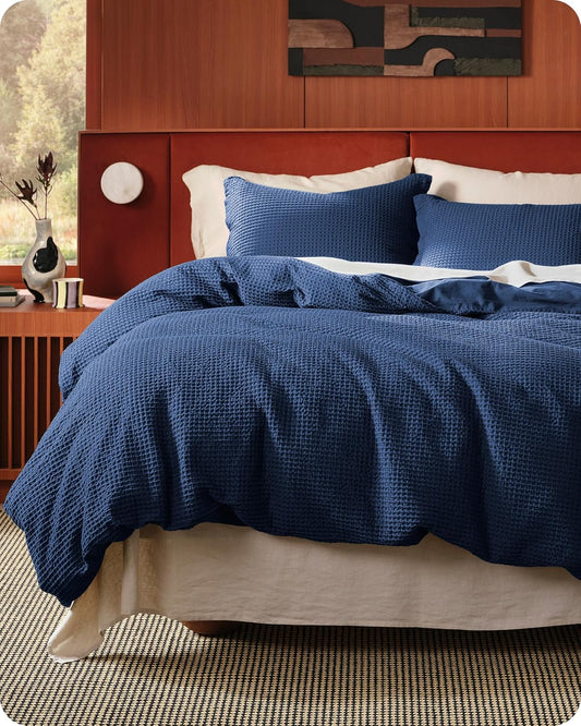 Bedsure Cotton Duvet Cover Set - 100% Cotton Waffle Weave Navy Duvet Cover Oversized King Size, GentleSoft™ and Breathable Bedding Set for All Season, 3 Pieces, 120"x98"