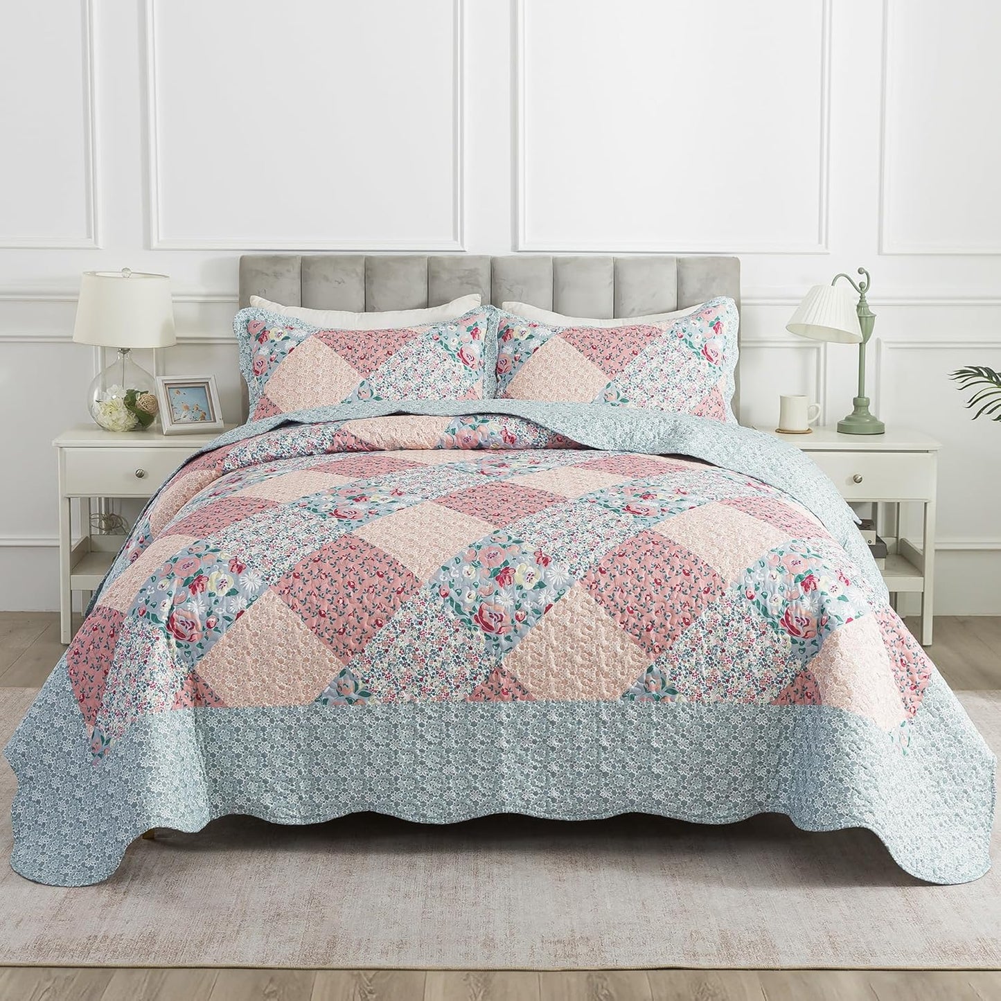 HoneiLife King Quilt Bedding Sets - Microfiber Quilt Set 3-Pieces,Lightweight Bedspreads Patchwork Coverlets Retro Bed Cover Quilt King Size All Season Quilts