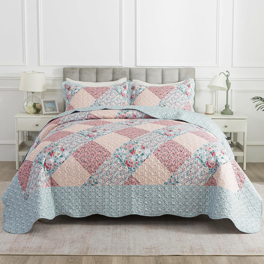 HoneiLife King Quilt Bedding Sets - Microfiber Quilt Set 3-Pieces,Lightweight Bedspreads Patchwork Coverlets Retro Bed Cover Quilt King Size All Season Quilts