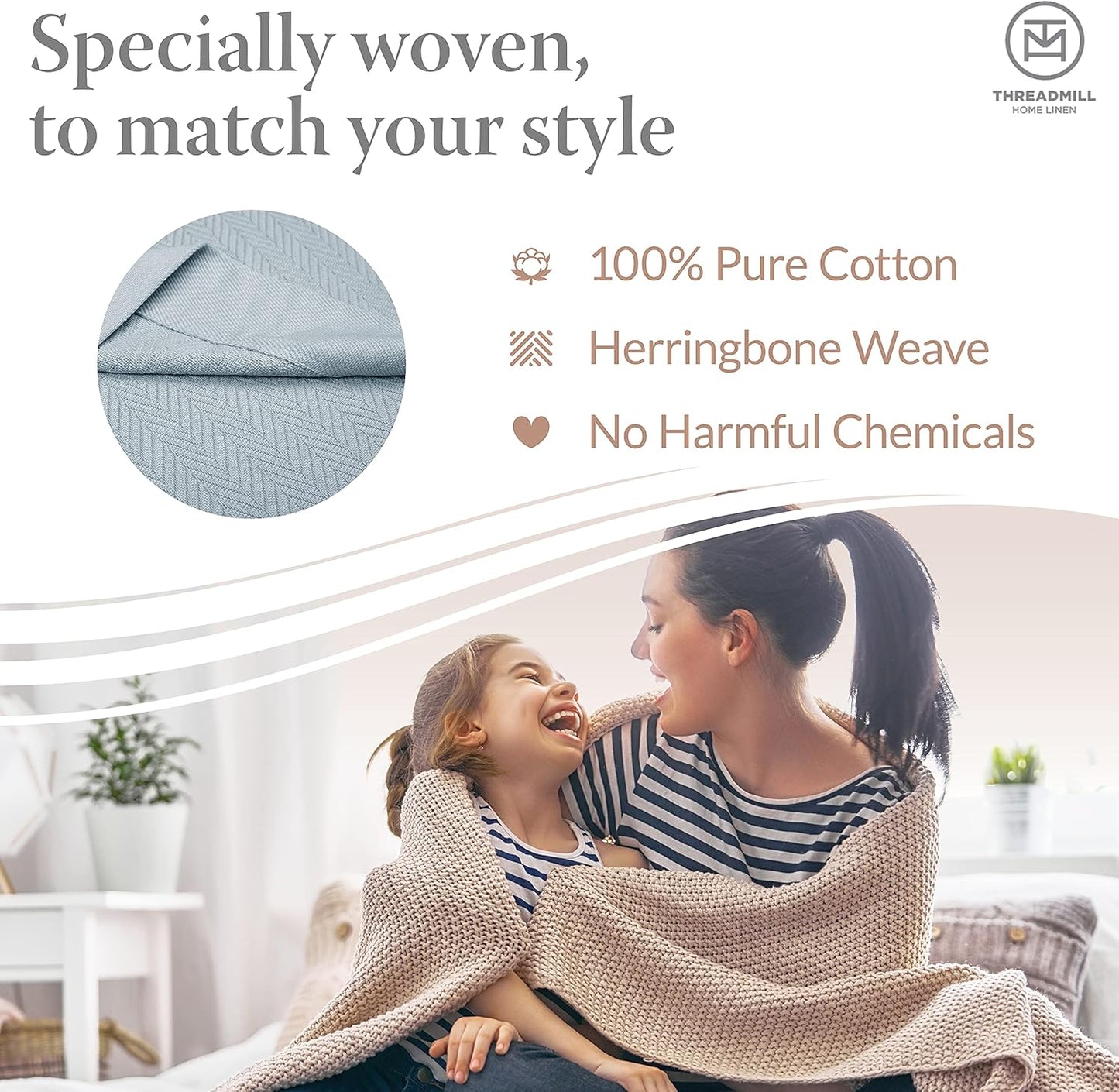 Threadmill Luxury Cotton Blankets for Queen Size Bed | All-Season 100% Cotton Queen Size Blanket | Herringbone Cozy, Soft Breathable Fall Thermal Blanket fits Full Size Bed | Vanilla Cream