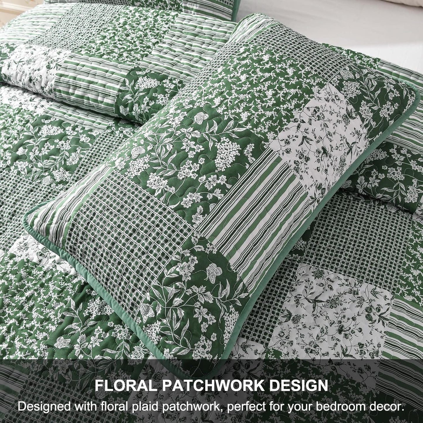 Mybedsoul Green Quilt Set Full Size, 3 Pieces Plaid Floral Bedspread Set Patchwork Reversible Bedding Set Microfiber Lightweight Bedspread Coverlet Set for All Season 78"x90"