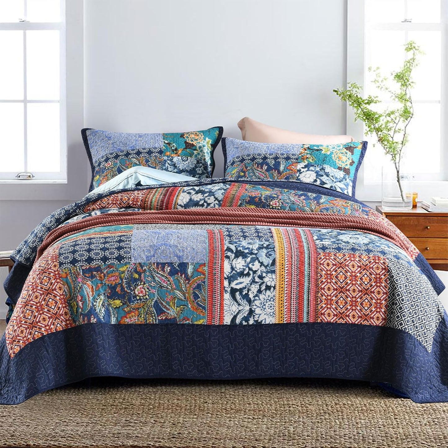Secgo Twin Size Quilt Size - 100% Cotton Twin Comforter Set Bedding Sets (68 * 86 Inch) with 2 Pillow Shams, Patchwork Reversible Lightweight Bedspread