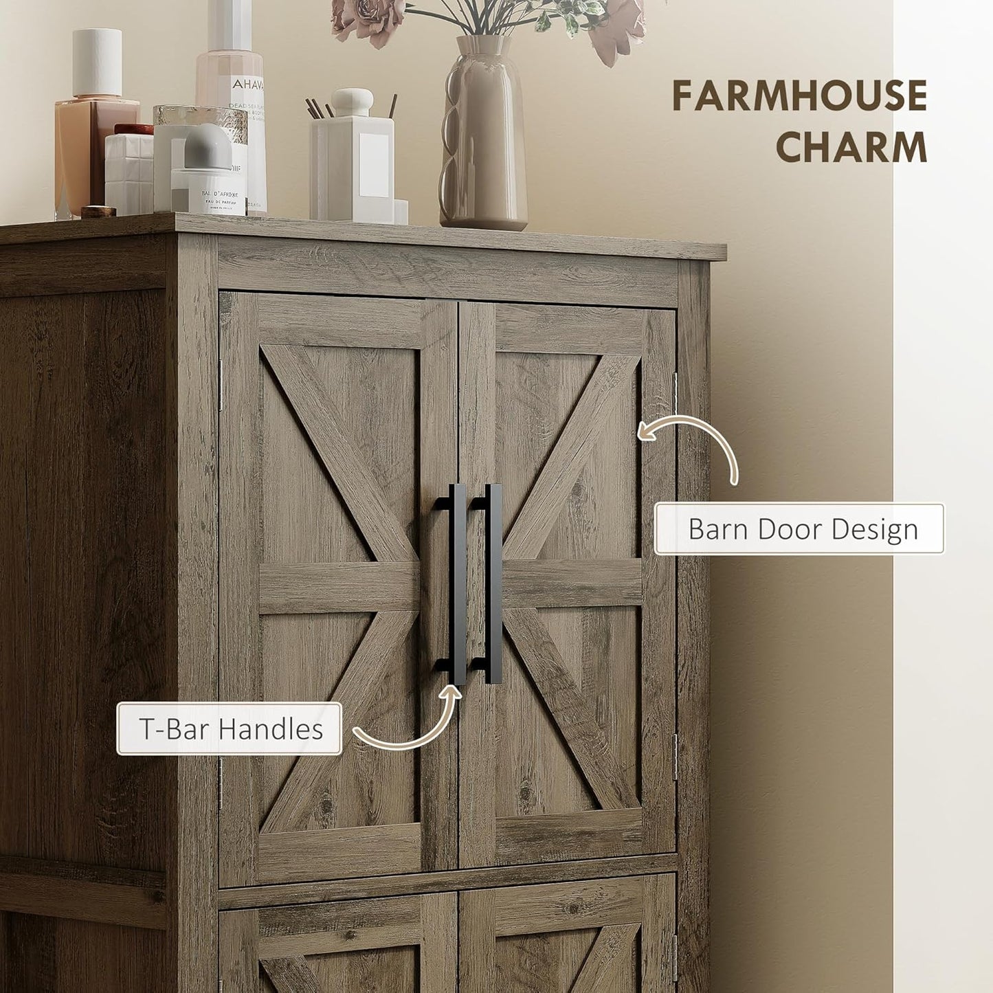 HOMCOM Farmhouse Bathroom Storage Cabinet with 4 Barn Doors, Bathroom Floor Cabinet with 2 Adjustable Shelf, Freestanding Storage Cupboard, Brown