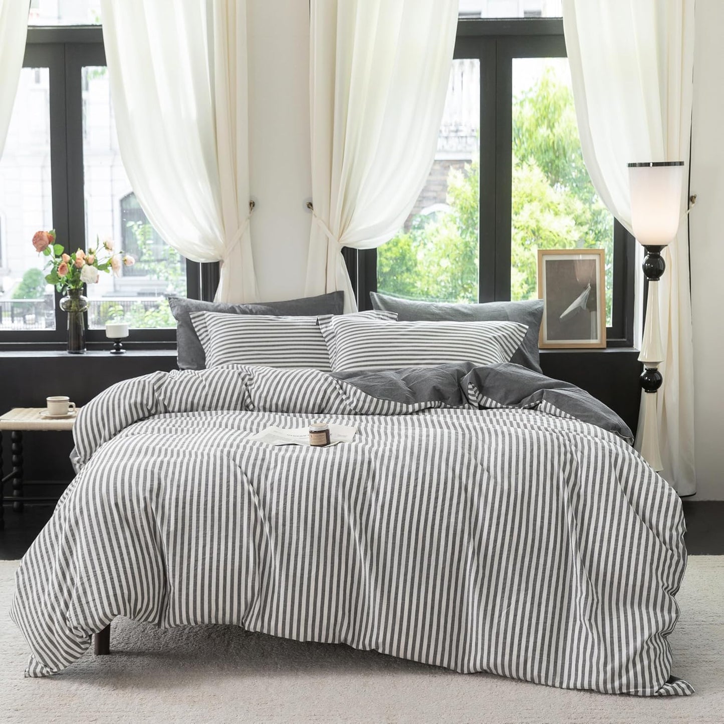 Reversible Duvet Cover Set 100% Washed Cotton Dark Grey Stripe Linen Feel Duvet Cover King Size with Zipper Closure & 2 Pillow Shams,Dark Grey/White Stripe Reverse Solid Dark Grey