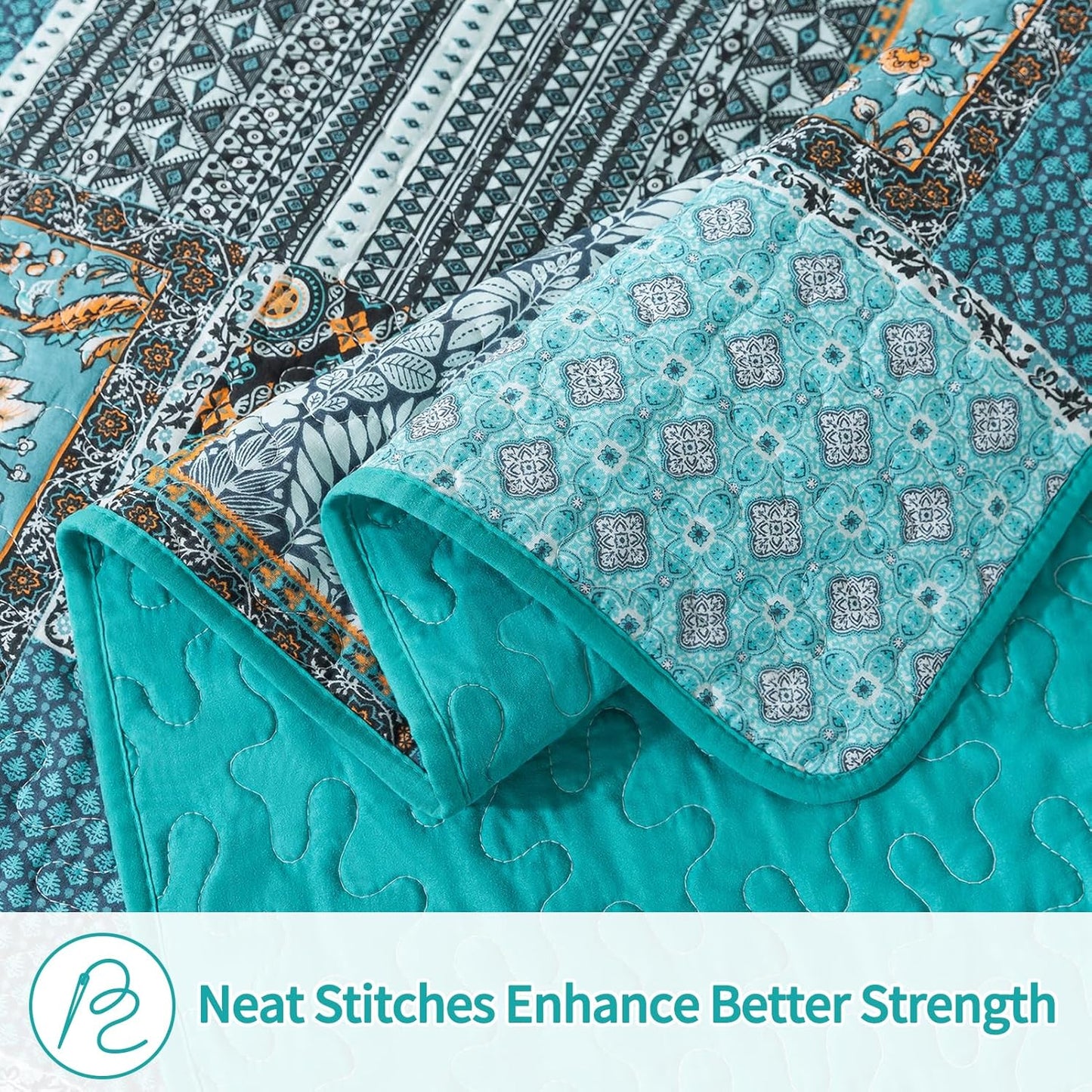 BEDIFANY Cotton California King Size Quilt for Farmhouse- Teal Oversized King Bedspread Set - Highly-Woven Soft Lightweight Coverlet for All Seasons, 3 Pieces