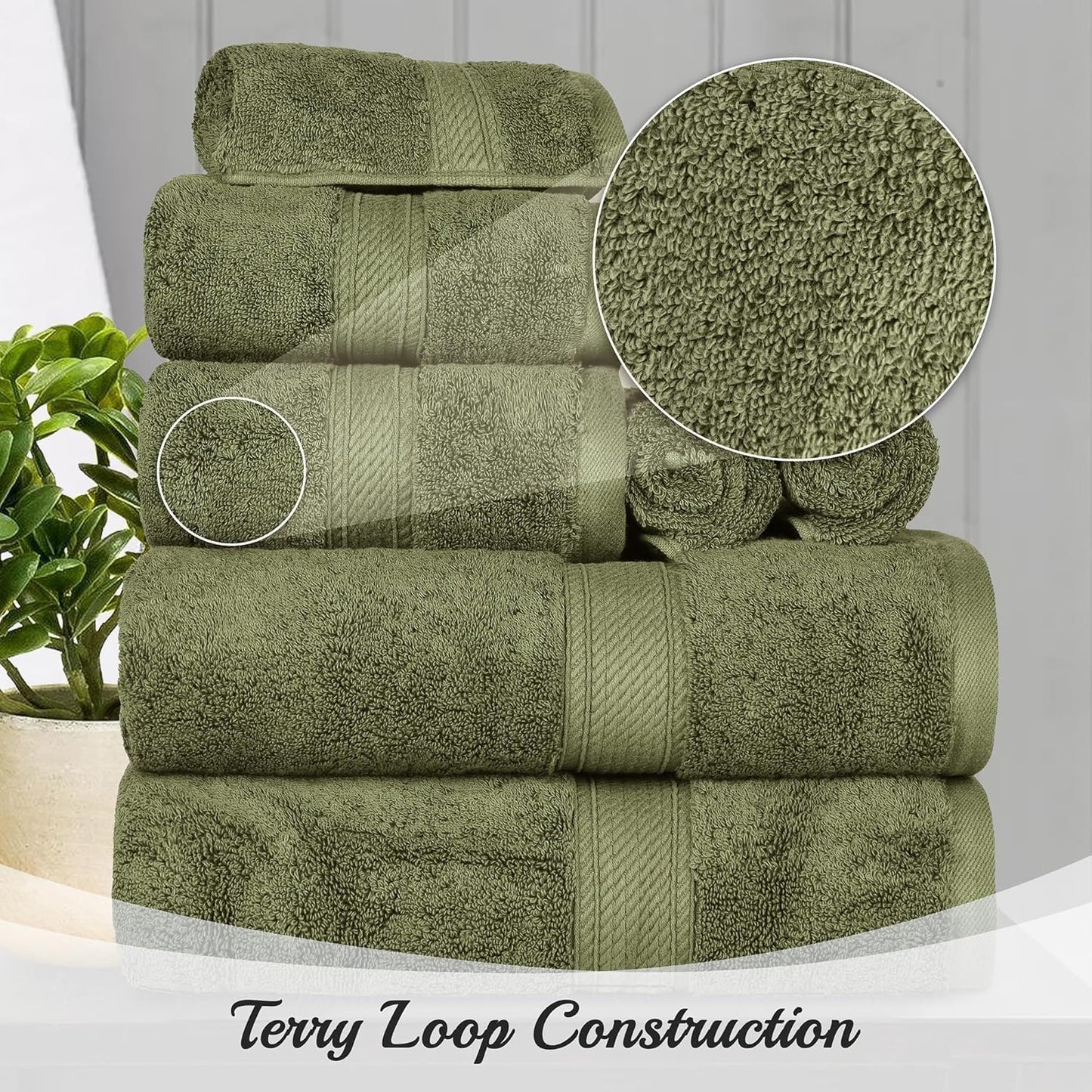 Superior Egyptian Cotton Pile Face Towel/Washcloth Set of 6, Ultra Soft Luxury Towels, Thick Plush Essentials, Absorbent Heavyweight, Guest Bath, Hotel, Spa, Home Bathroom, Shower Basics, Forest Green