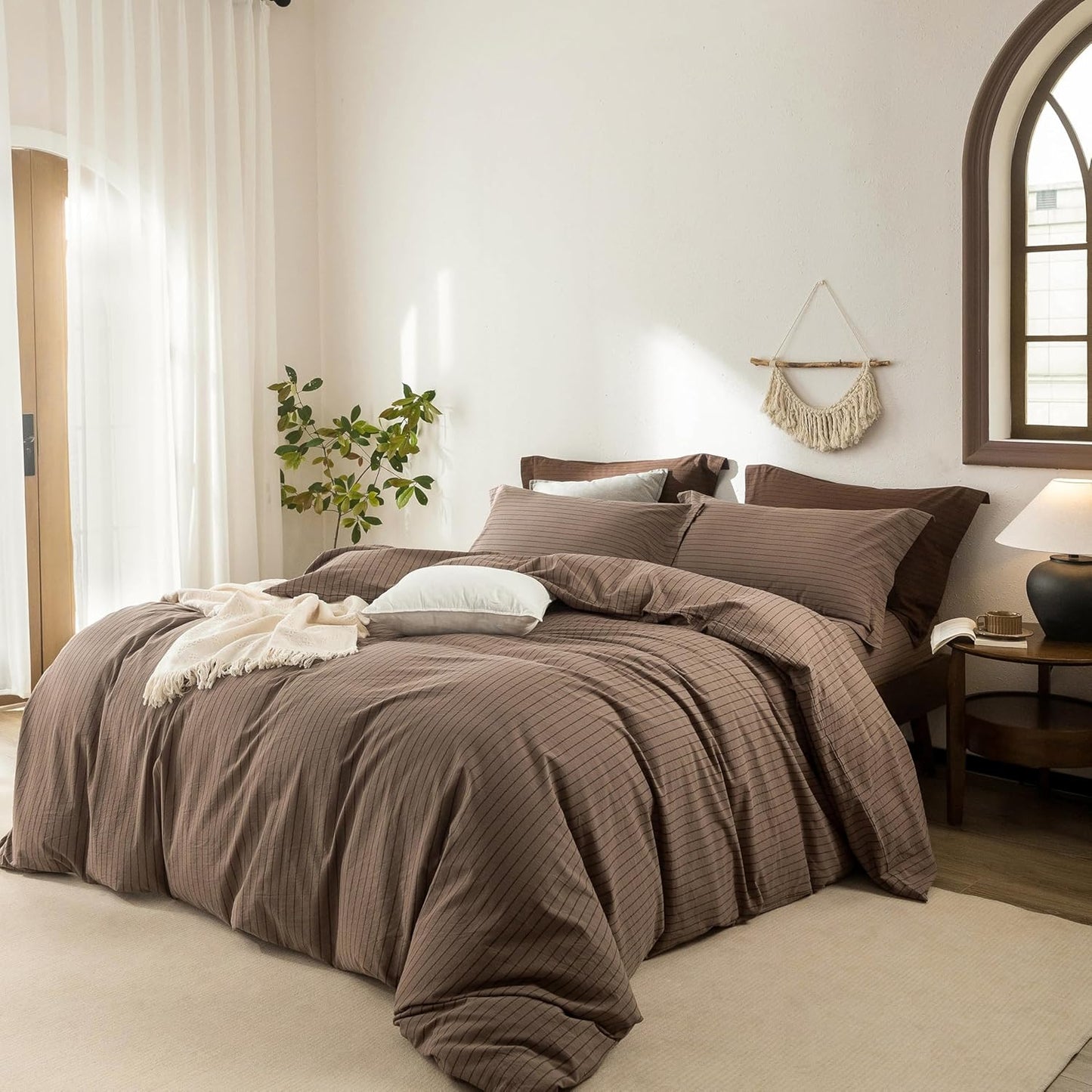Stripe Duvet Cover Queen Size 90inch x 90inch,100% Washed Cotton Pinstripe Duvet Cover with Zipper Closure and 2 Pillowcases, Color of Light Brown-Black Stripe